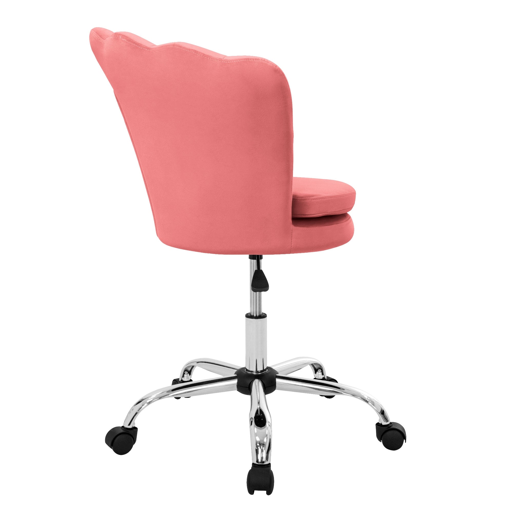 Rückansicht eines rosa Bürostuhls mit Rollen.