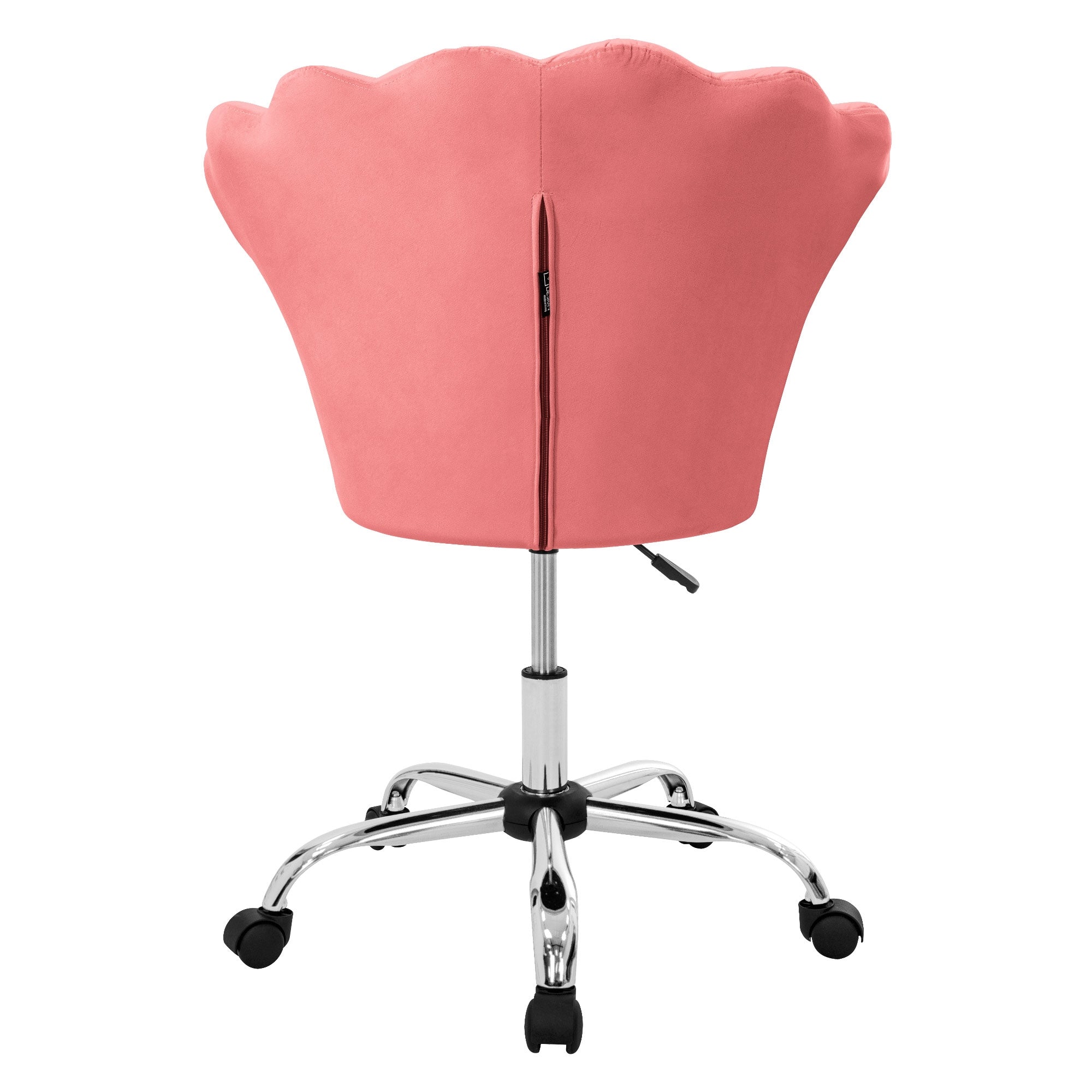 Rückansicht eines rosa Bürostuhls mit blütenförmiger Rückenlehne auf einem Rollgestell.