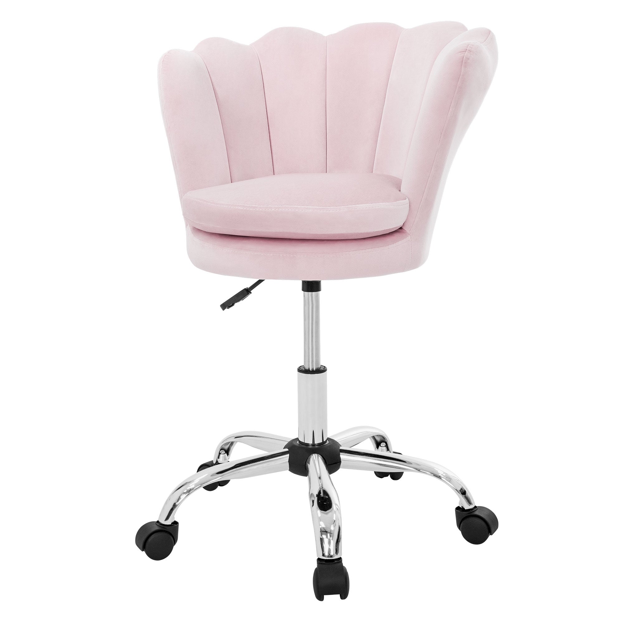 Vorderansicht eines rosa Bürostuhls mit einem glänzenden Fuß.