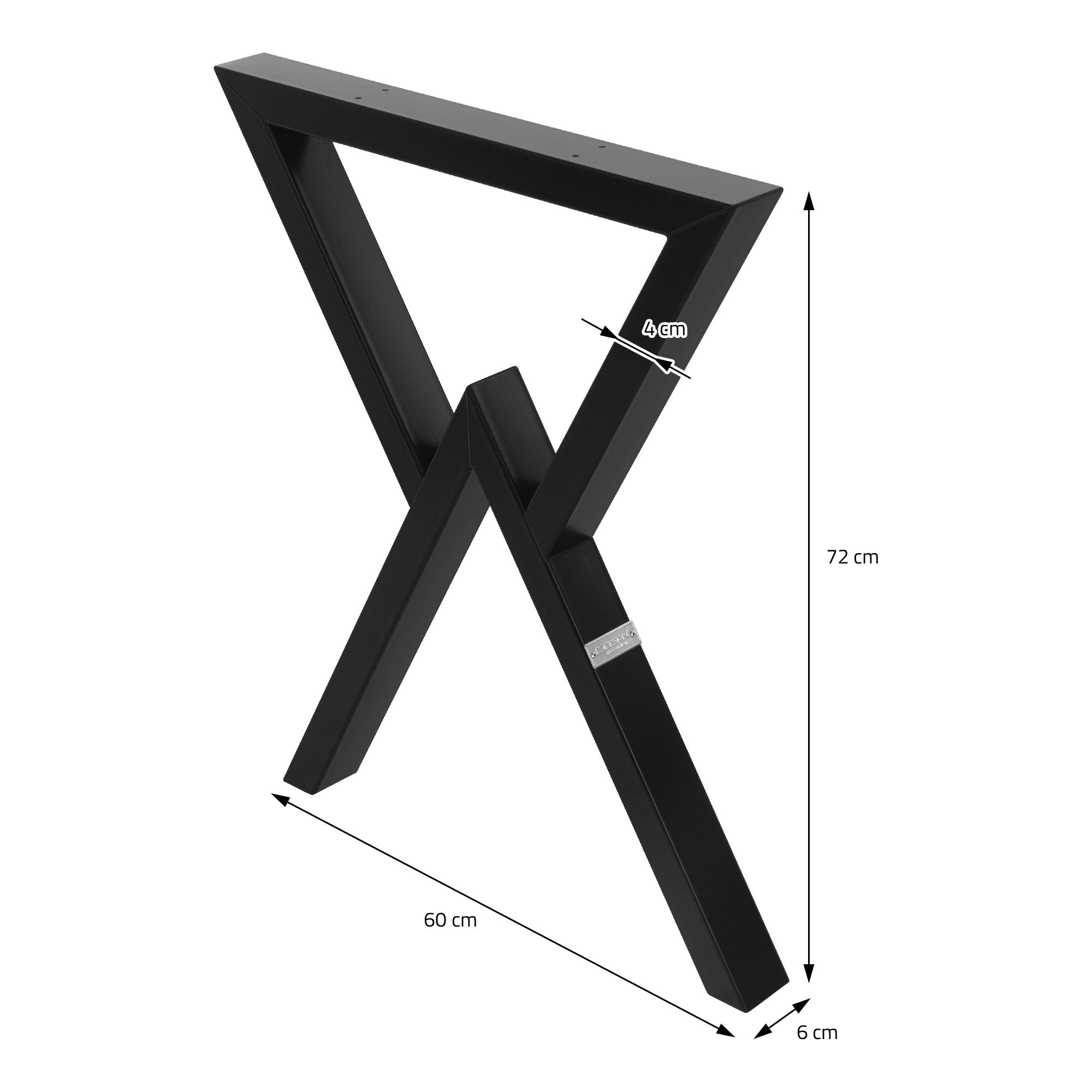 Una struttura del tavolo nera a forma di X con misure e un'altezza di 72 cm.