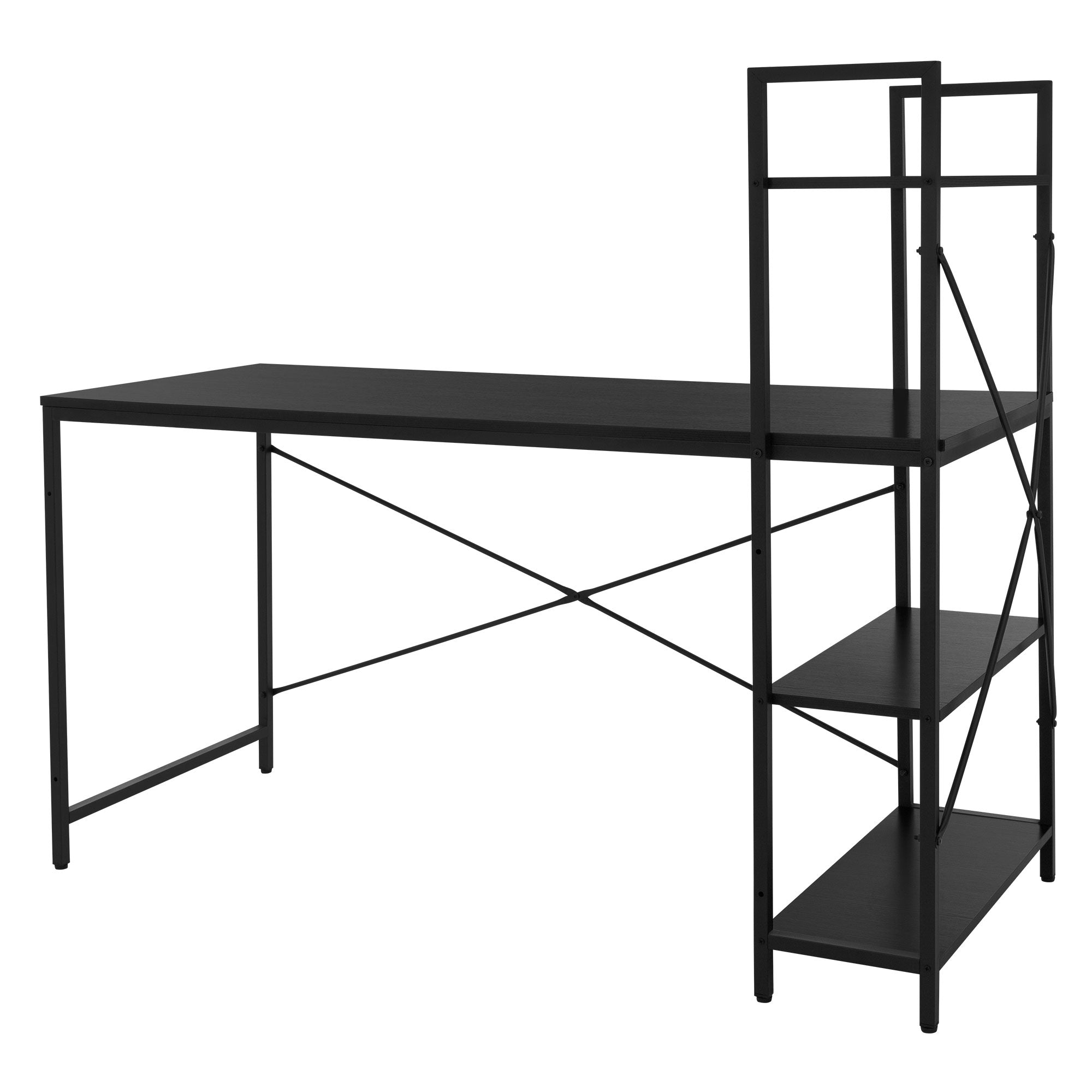 Et sort skrivebord med hylder og et klart, moderne design.