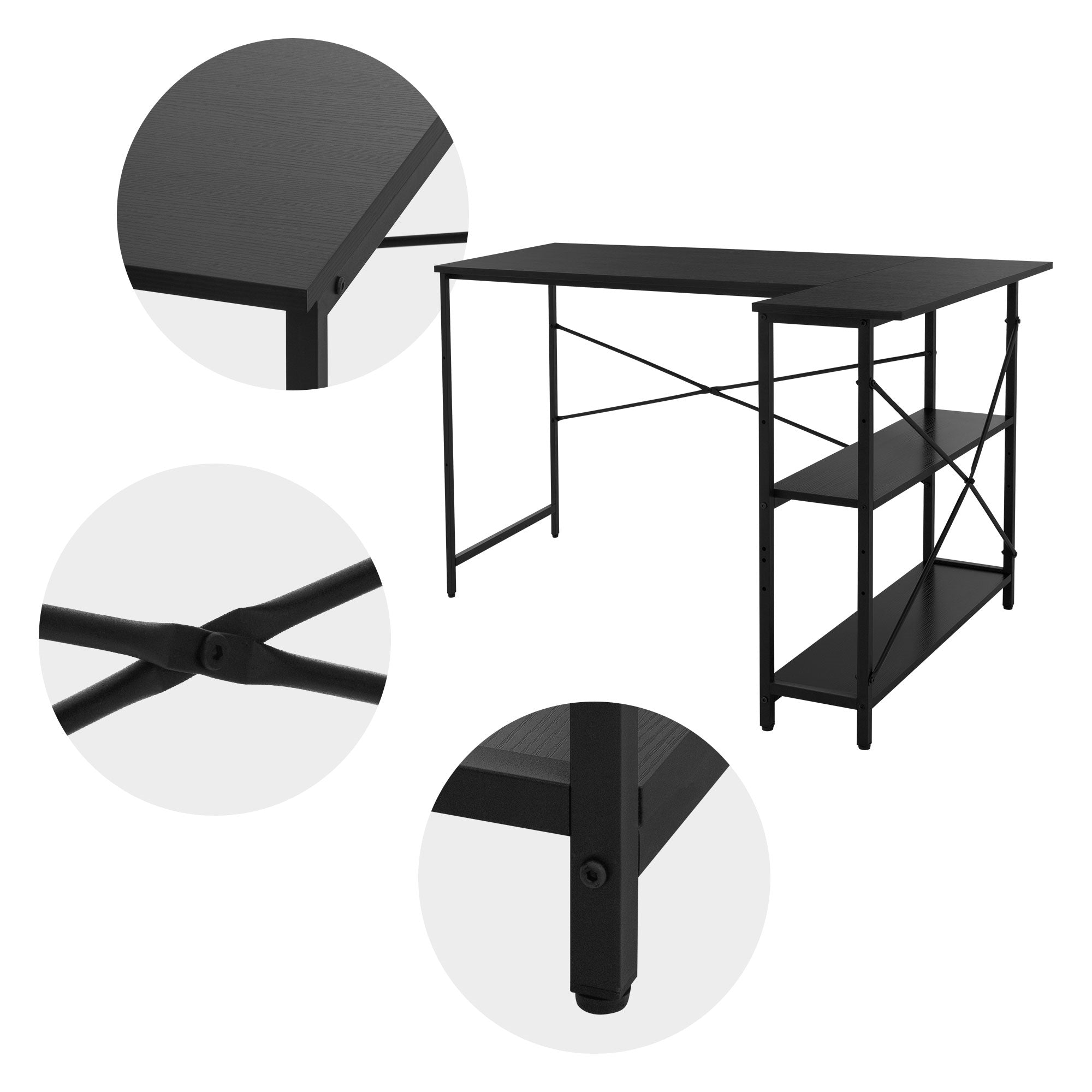 Detailansicht eines Schreibtischs mit schwarzer Oberfläche und Metallgestell.