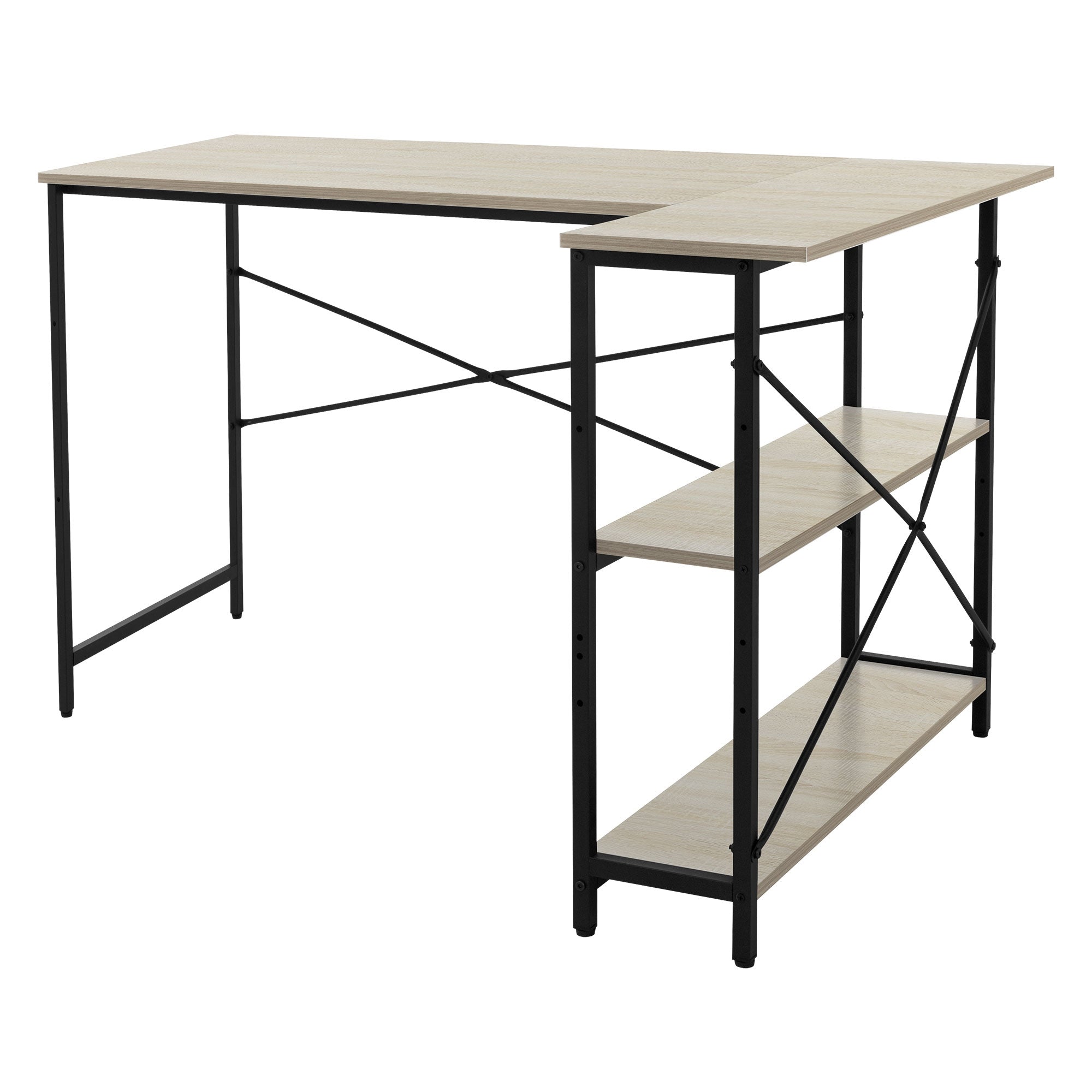 A desk with a wooden surface and black frame, with two shelves.