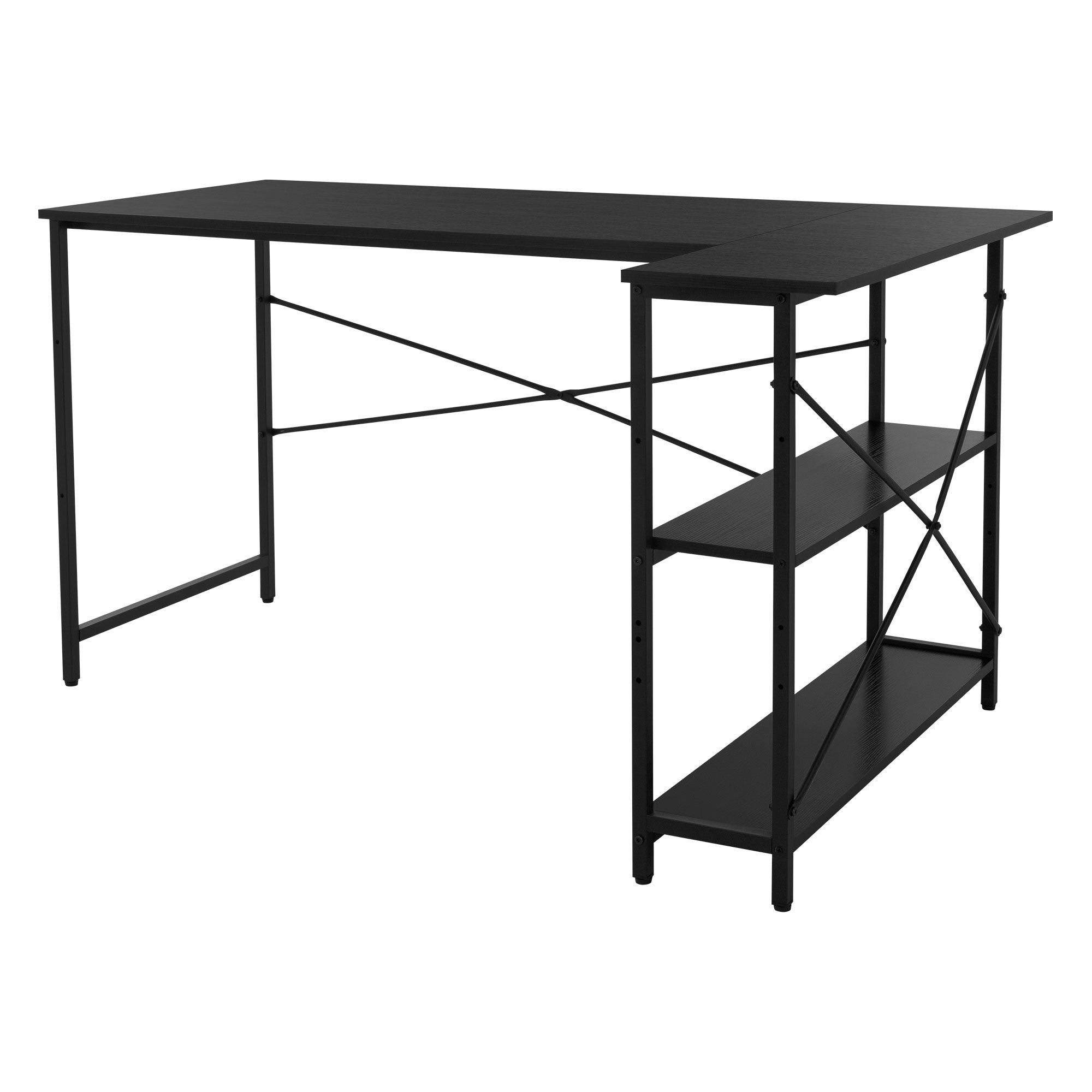 A black desk with a wooden surface and two shelves.