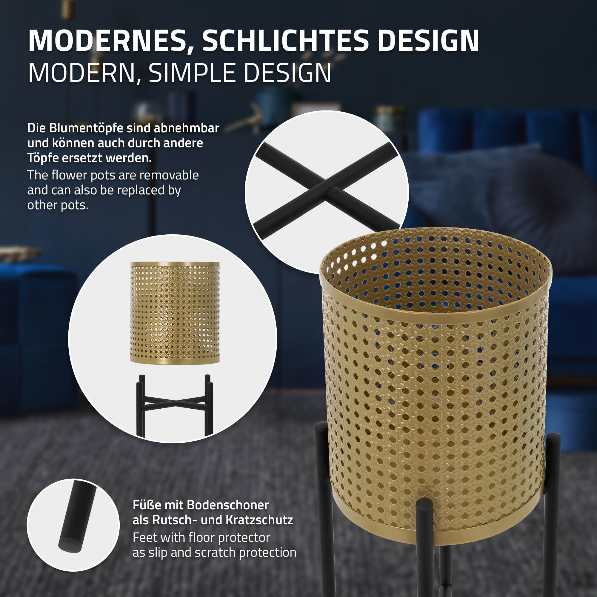 Ein Pflanzgefäß mit einem schlichten Design und einem Ständer in einem Raum.