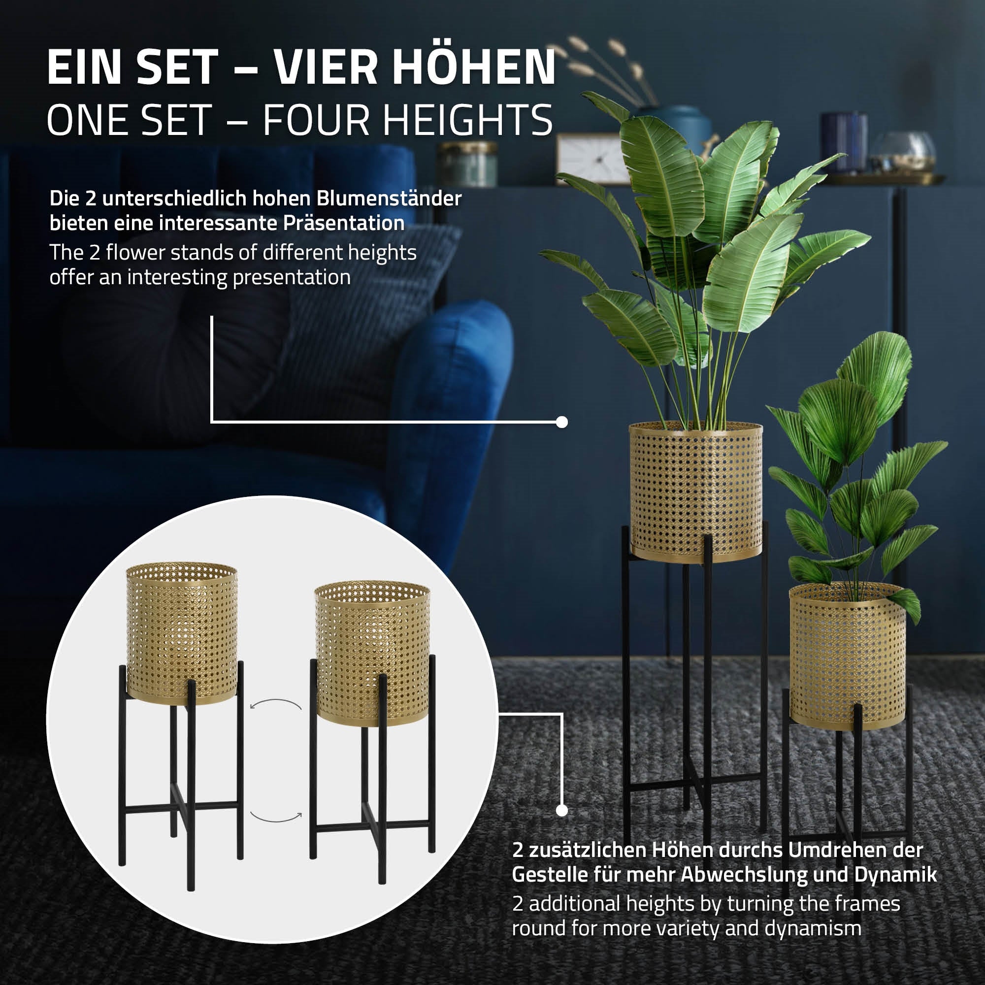 Zwei Pflanzenständer in verschiedenen Höhen mit Pflanzen, auf einem Tisch.