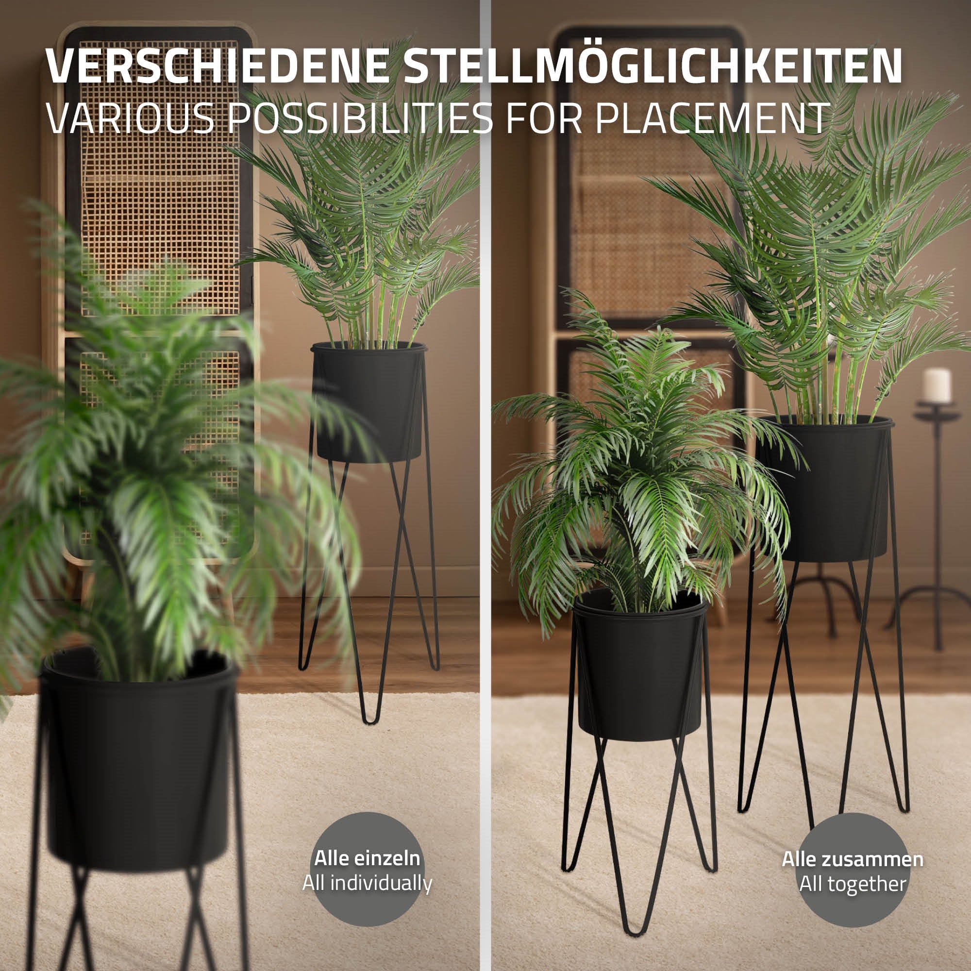 Support de plantes avec différentes options de placement pour les pots.