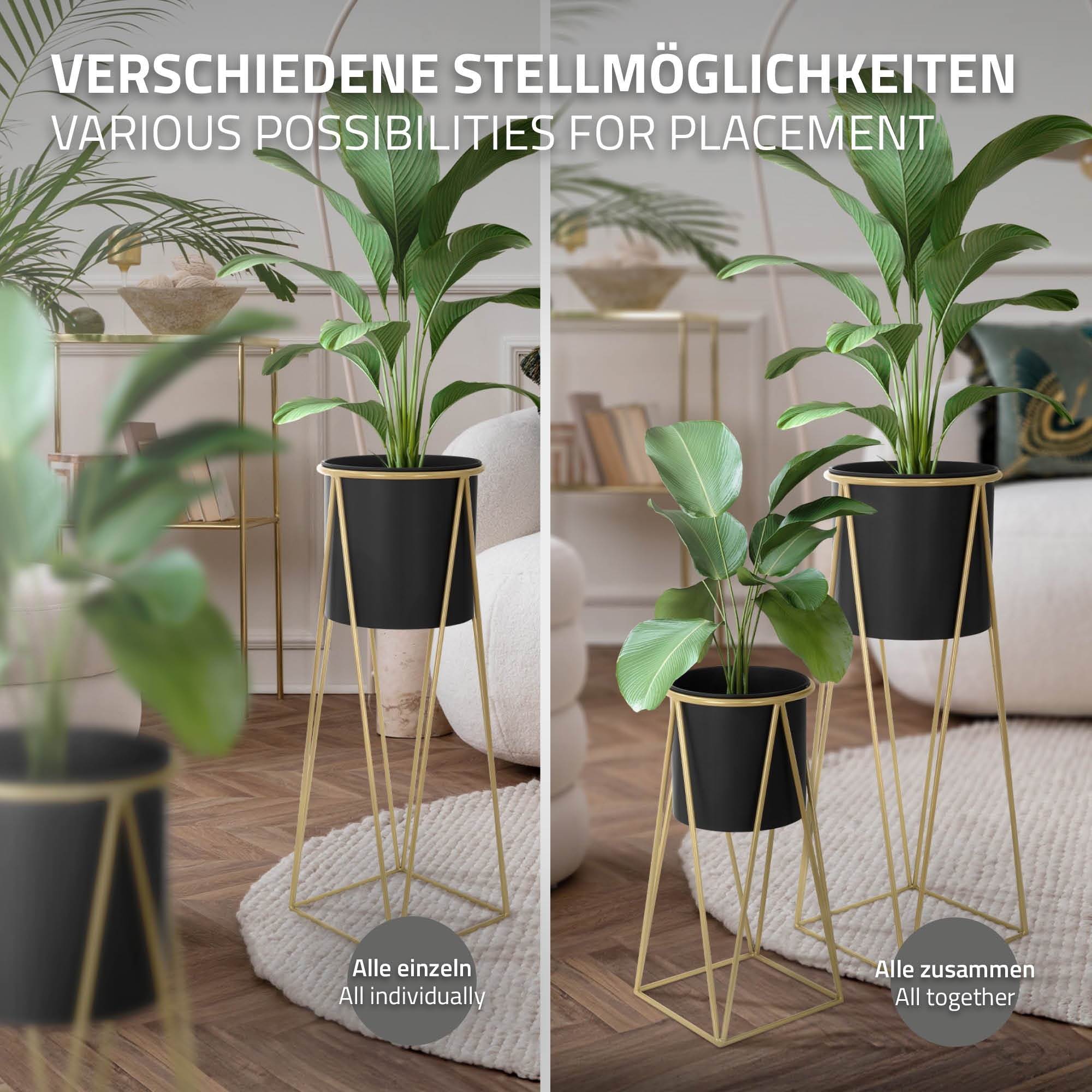 Zwei Pflanzgefäße auf goldenen Ständern, einzeln und zusammen.