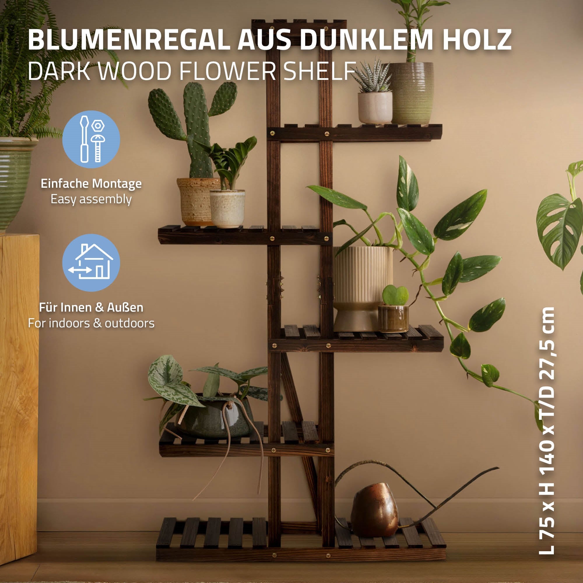 Dunkles Holzregal mit Pflanzen, einfache Montage, für Innen und Außen.