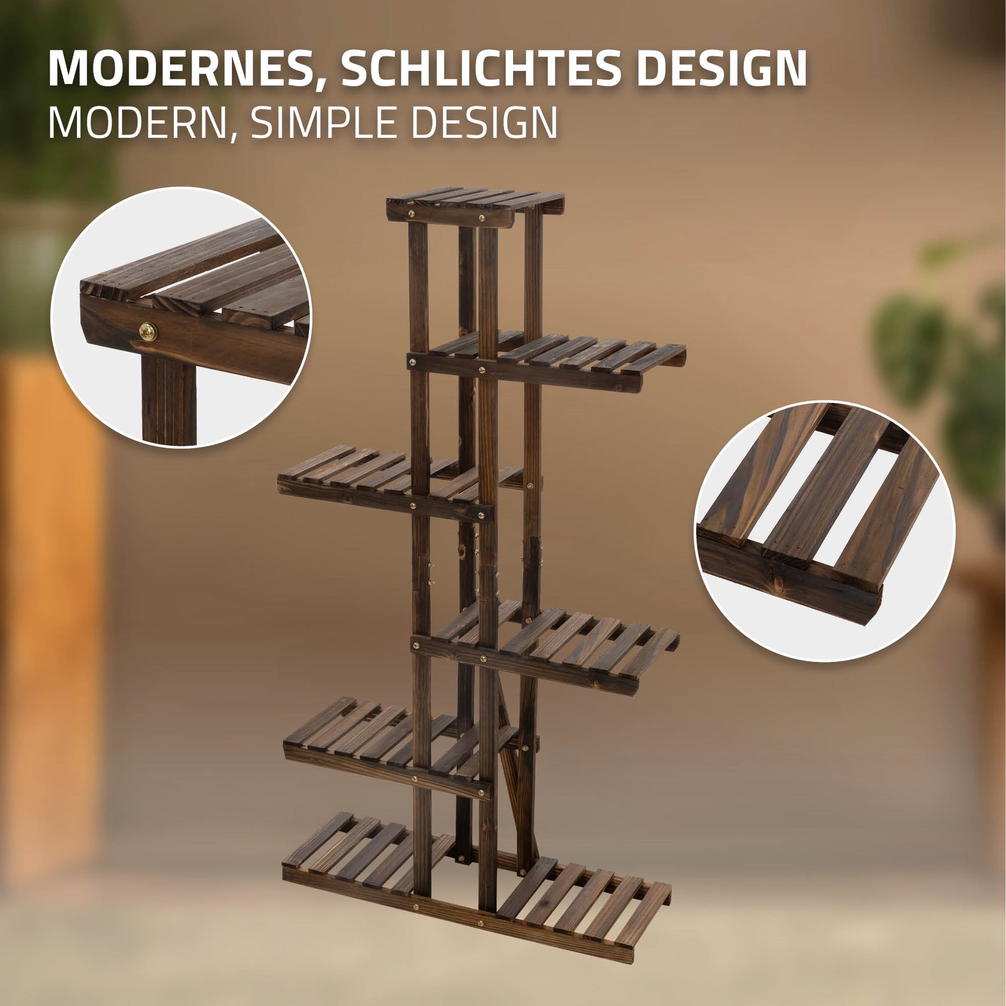 Dunkles Holzregal mit mehreren Ablagen in modernem Design.
