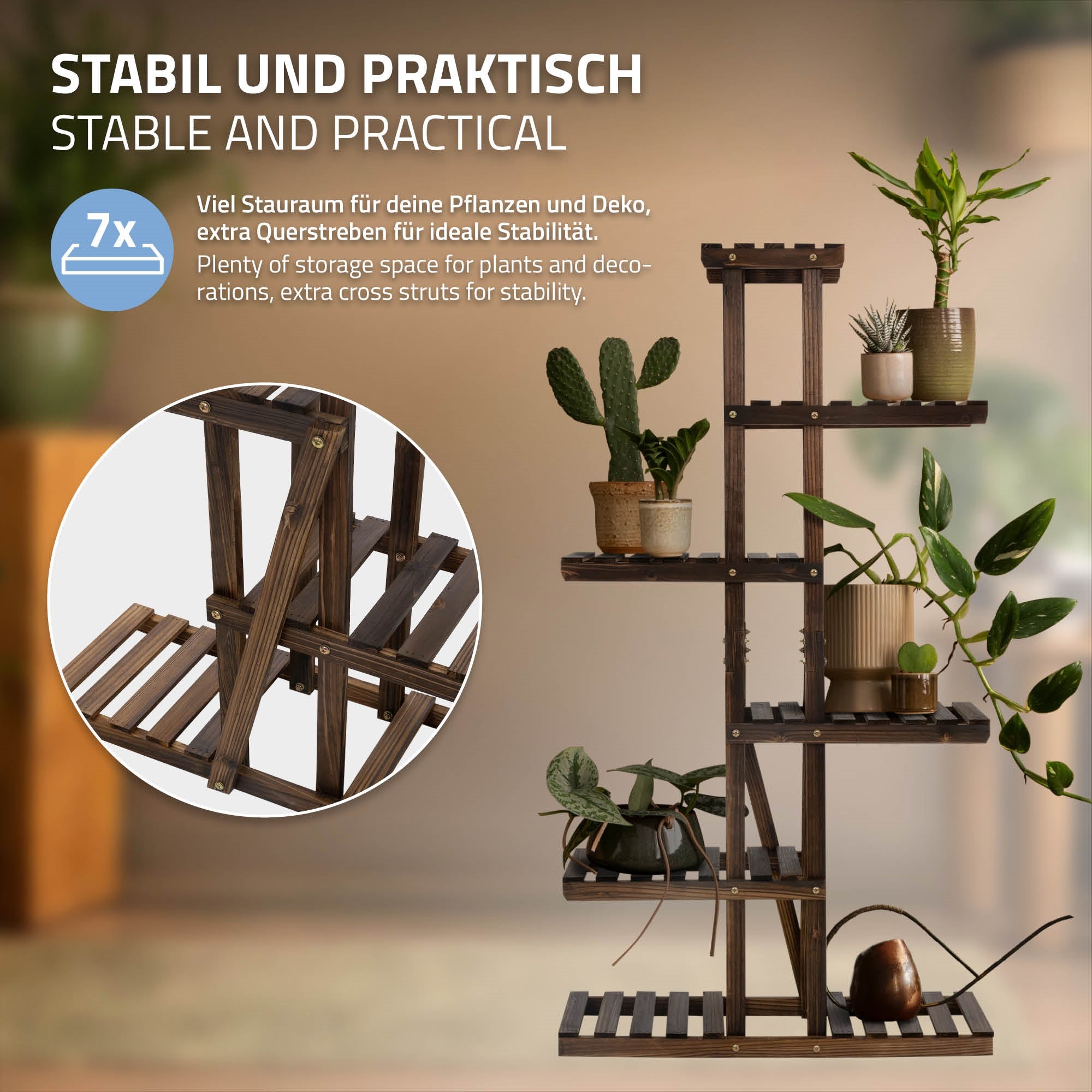 Regal mit Pflanzen, stabil und praktisch, aus Holz mit mehreren Ablagen.