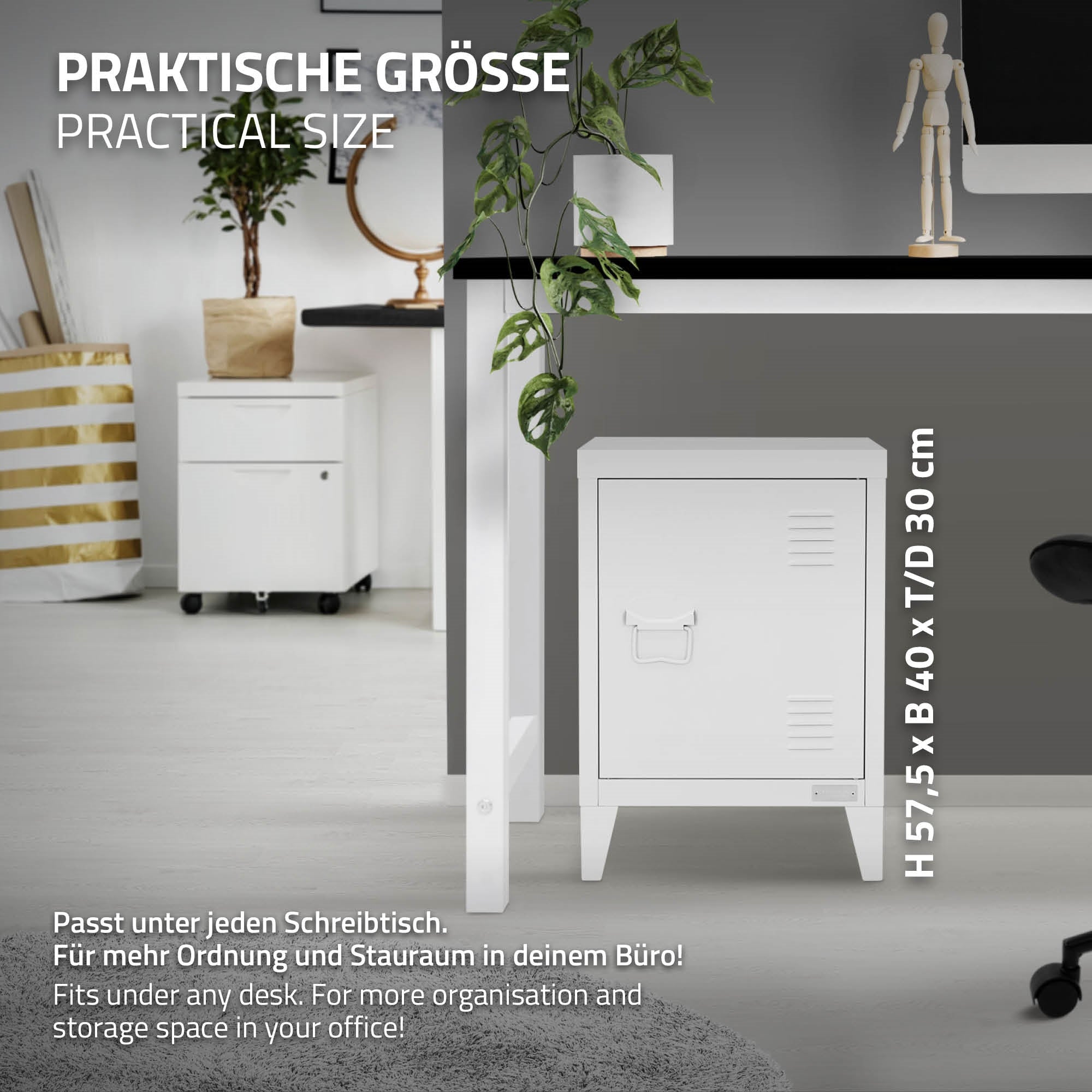 Armoire blanche sous une table, dimensions et description pour l'organisation de bureau.