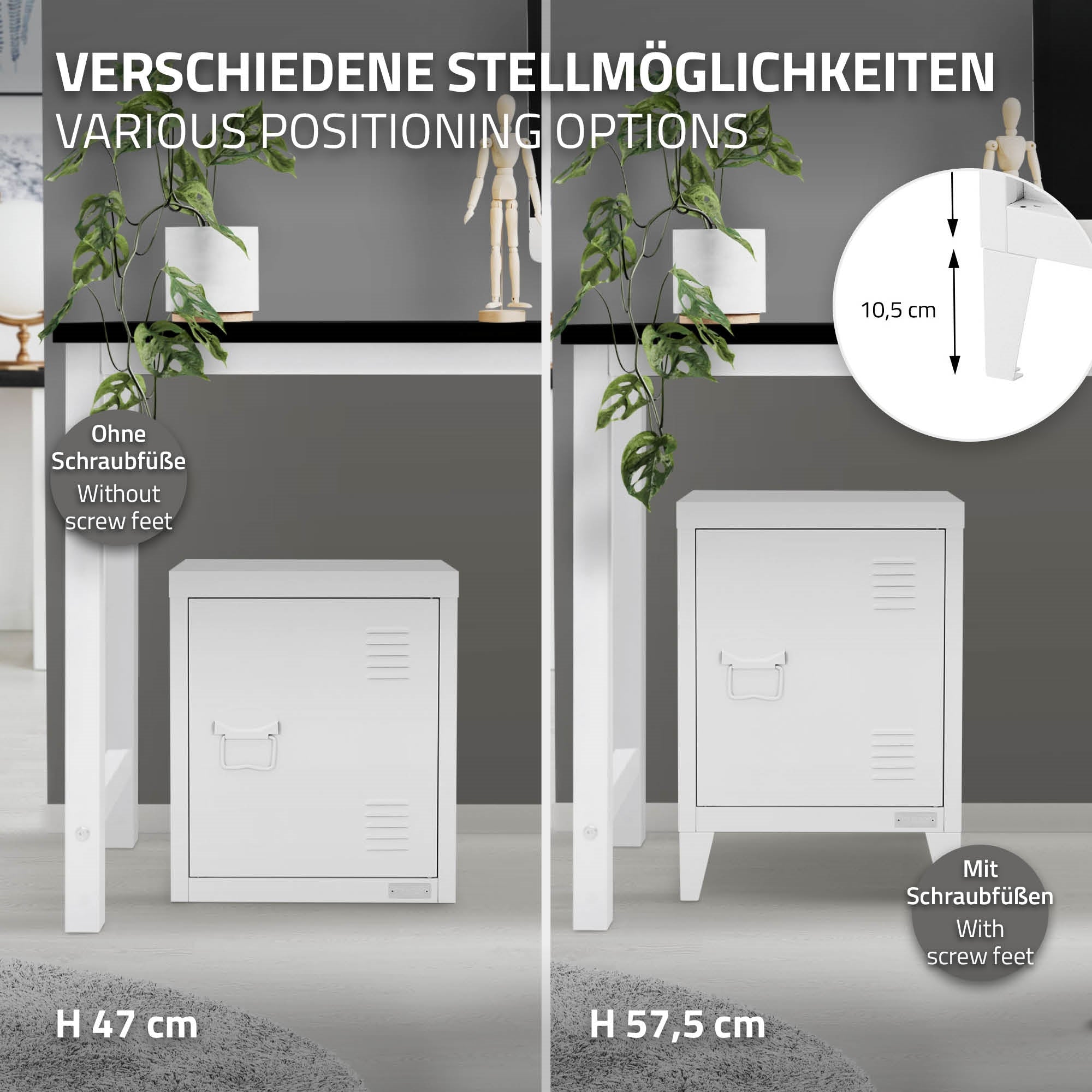 Armoire de rangement blanche avec différentes options de hauteur et des pieds réglables.