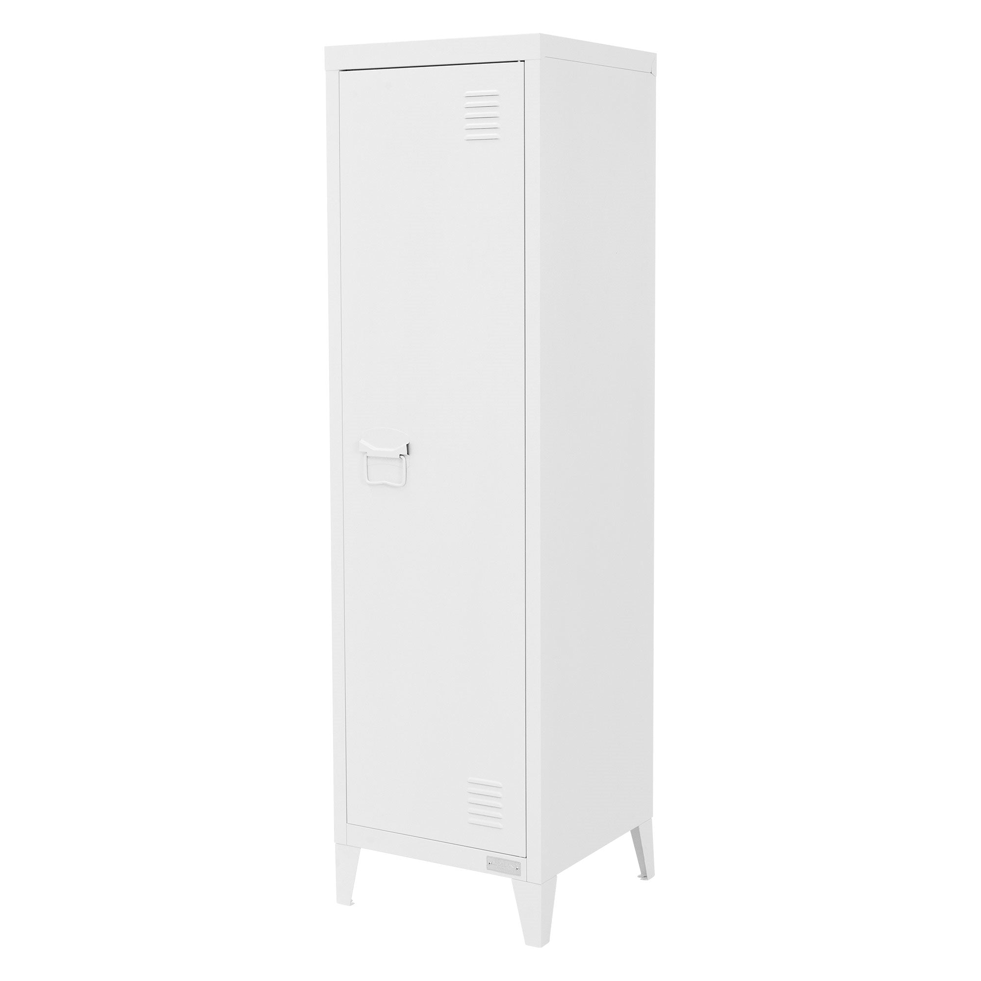Witte, gesloten kast met een handvat, op een lichte achtergrond.