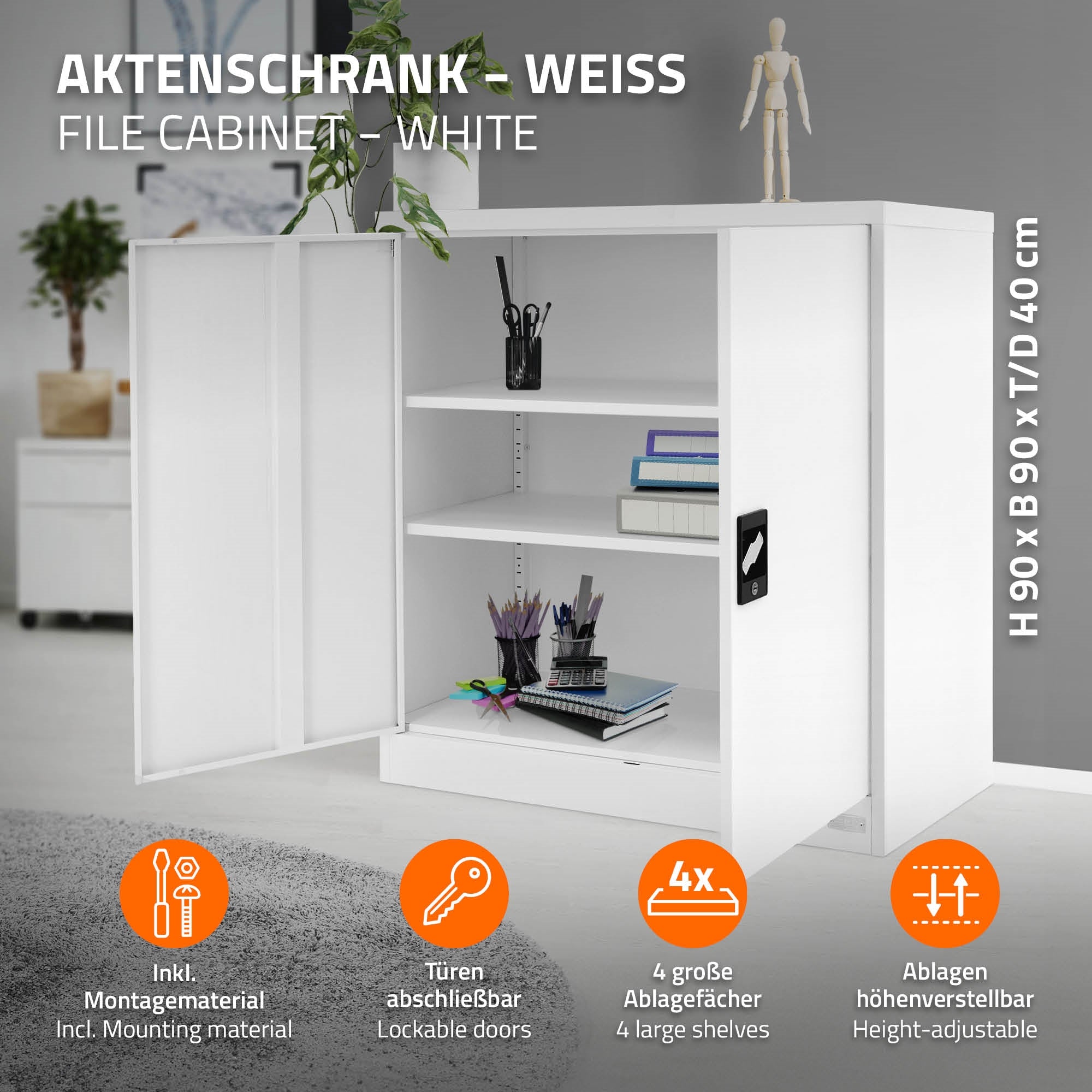 Witte archiefkast met open deuren en vier planken.