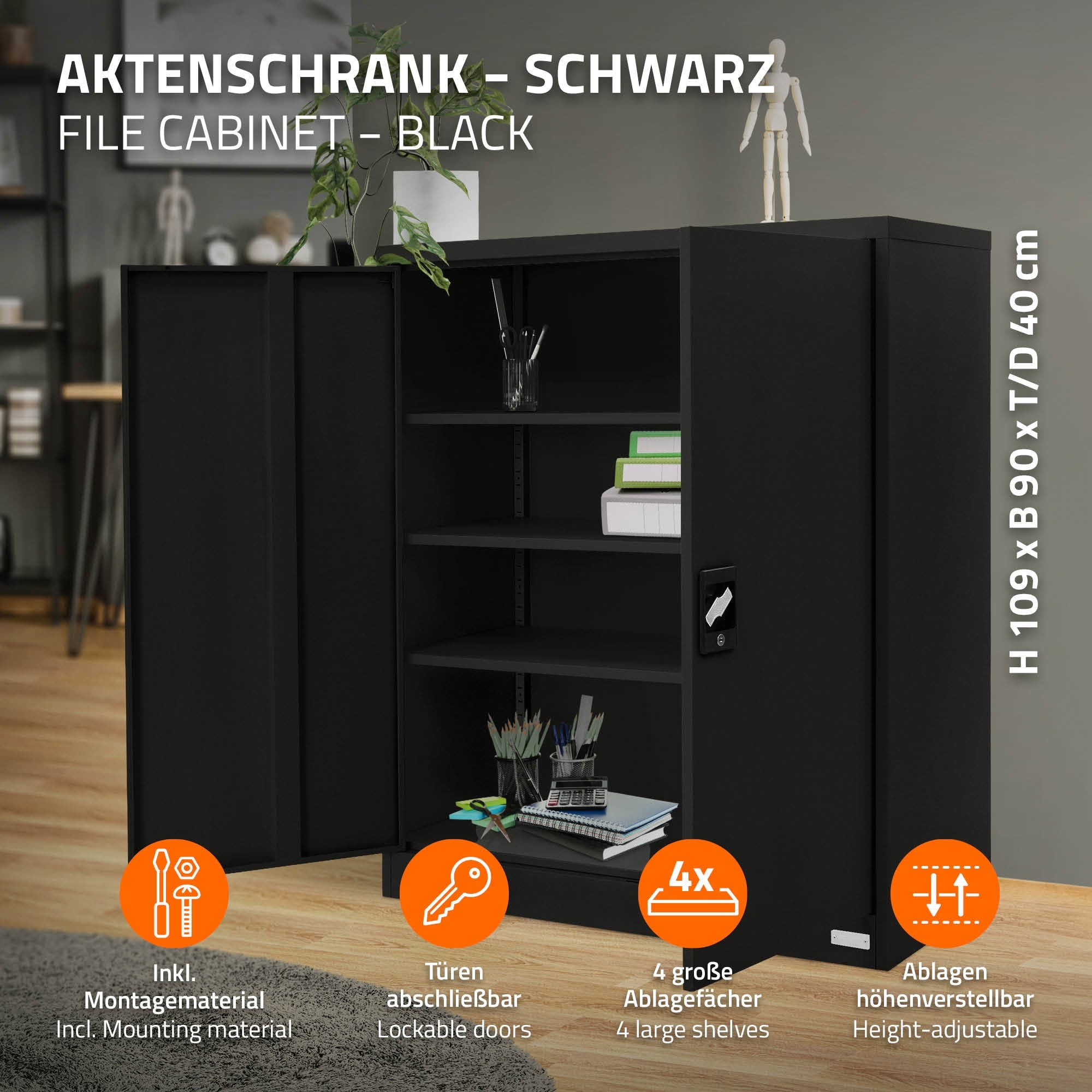 Zwarte archiefkast met vier opbergvakken en afsluitbare deuren.