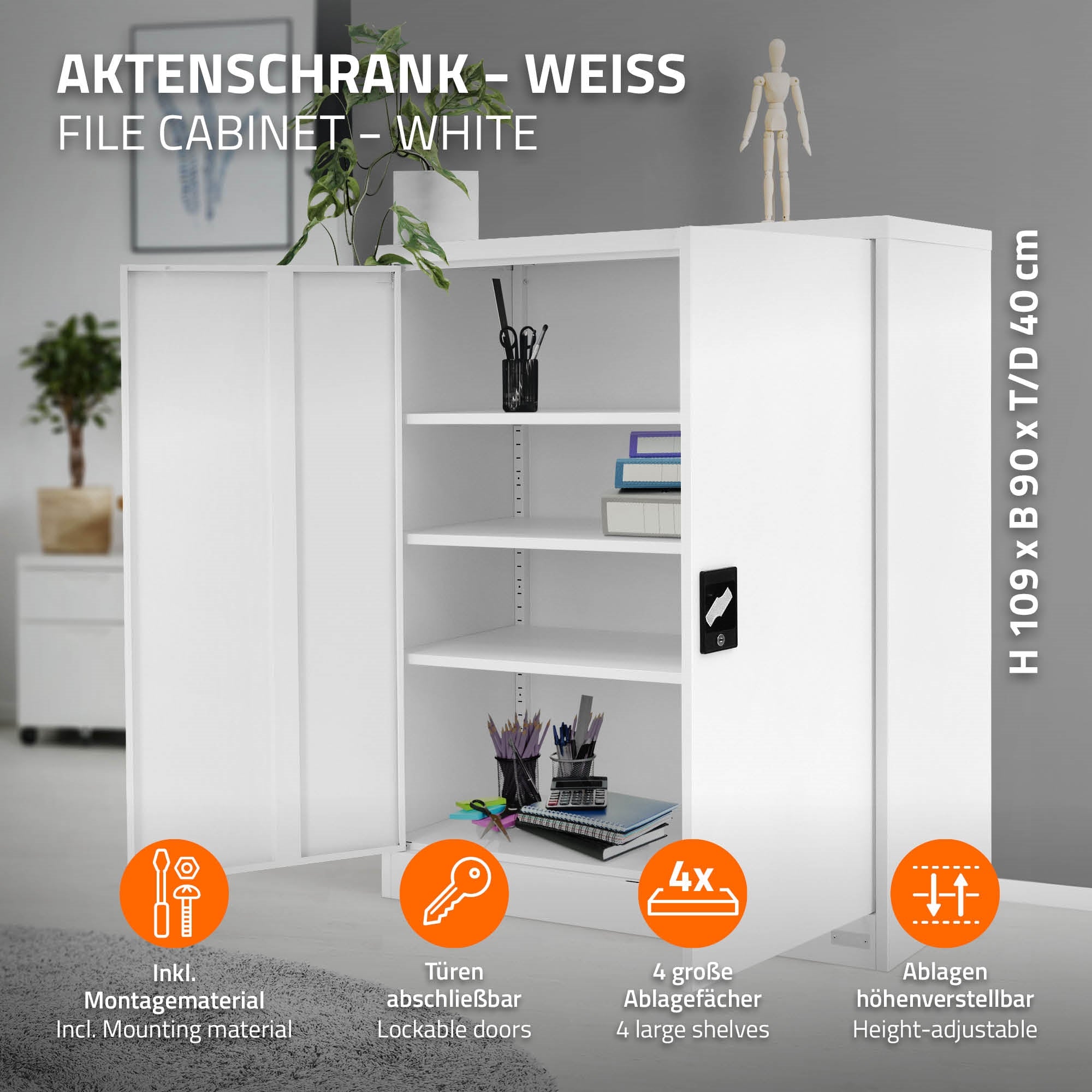 Witte archiefkast met drie planken en twee afsluitbare deuren.