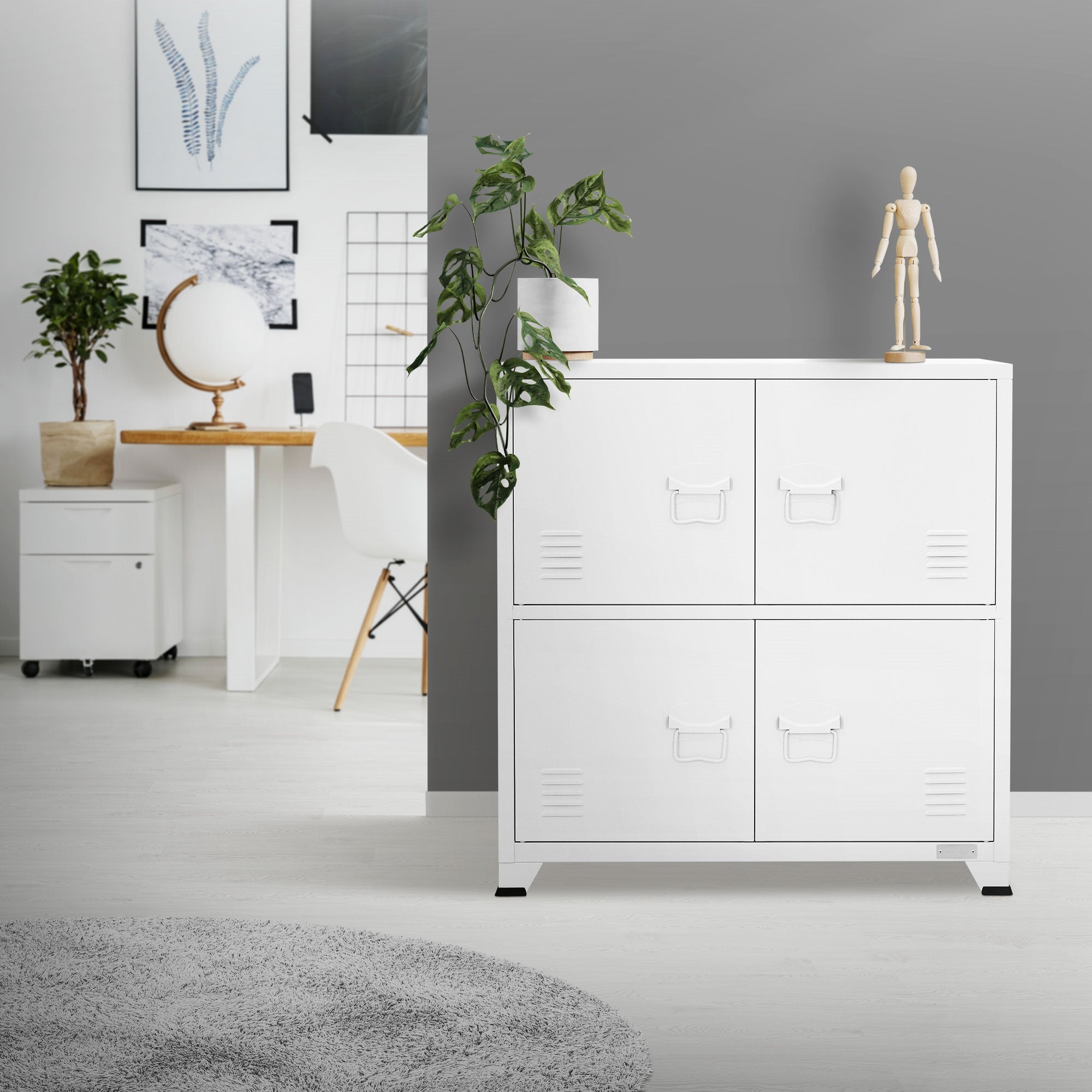 White filing cabinet in a modern room with plants and decoration.