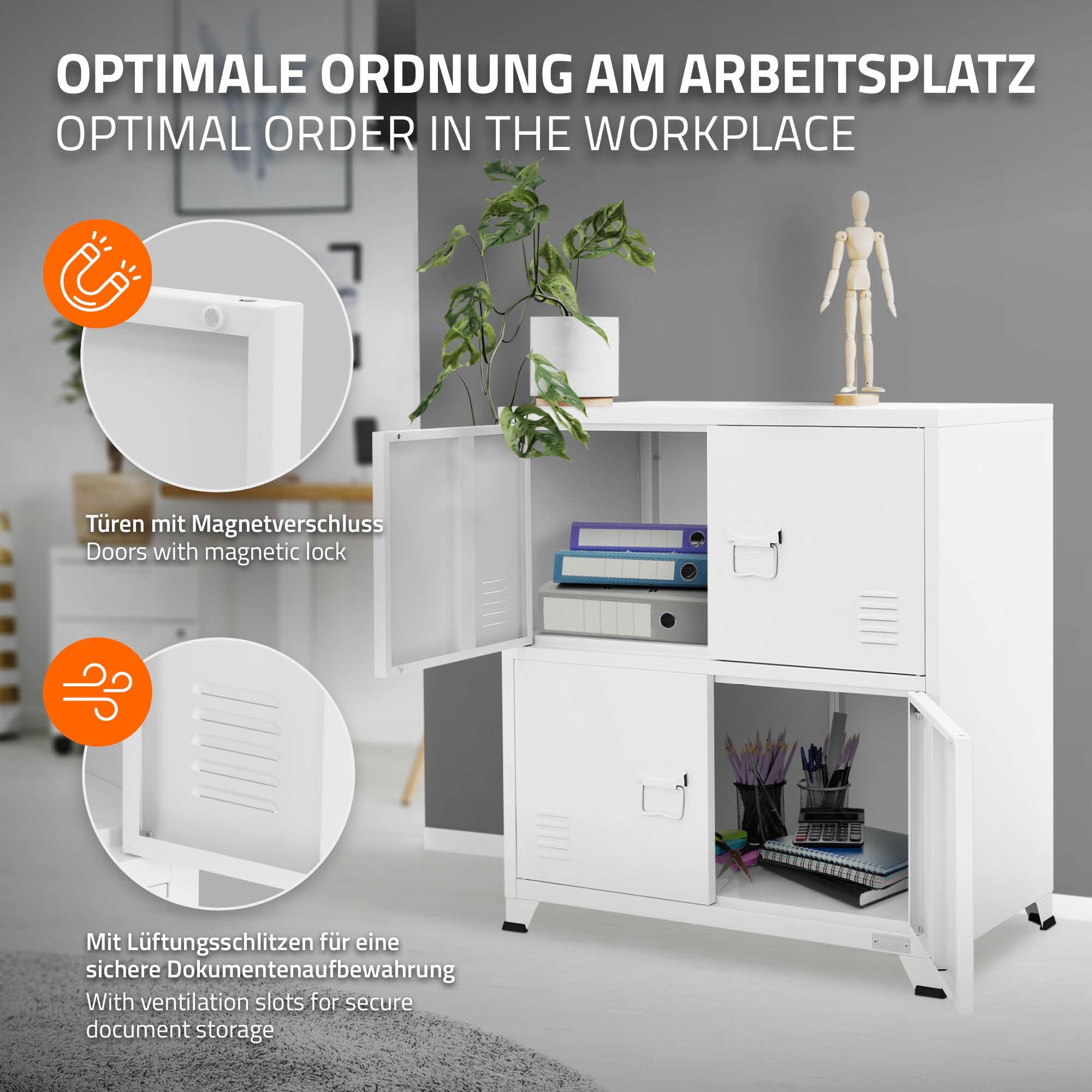 A white piece of furniture with open doors, next to symbols for order and ventilation.
