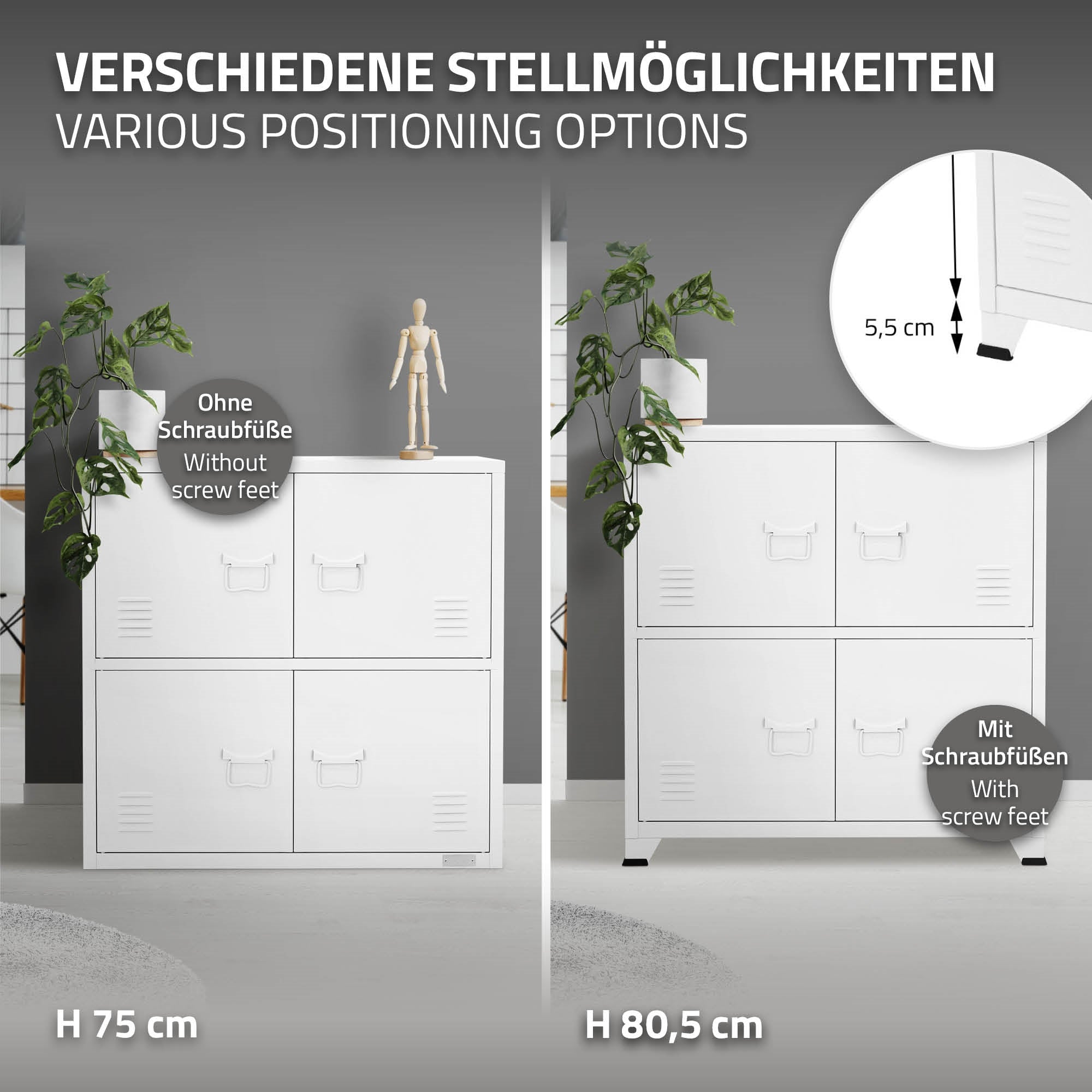 White cabinet with various placement options, on a gray background.