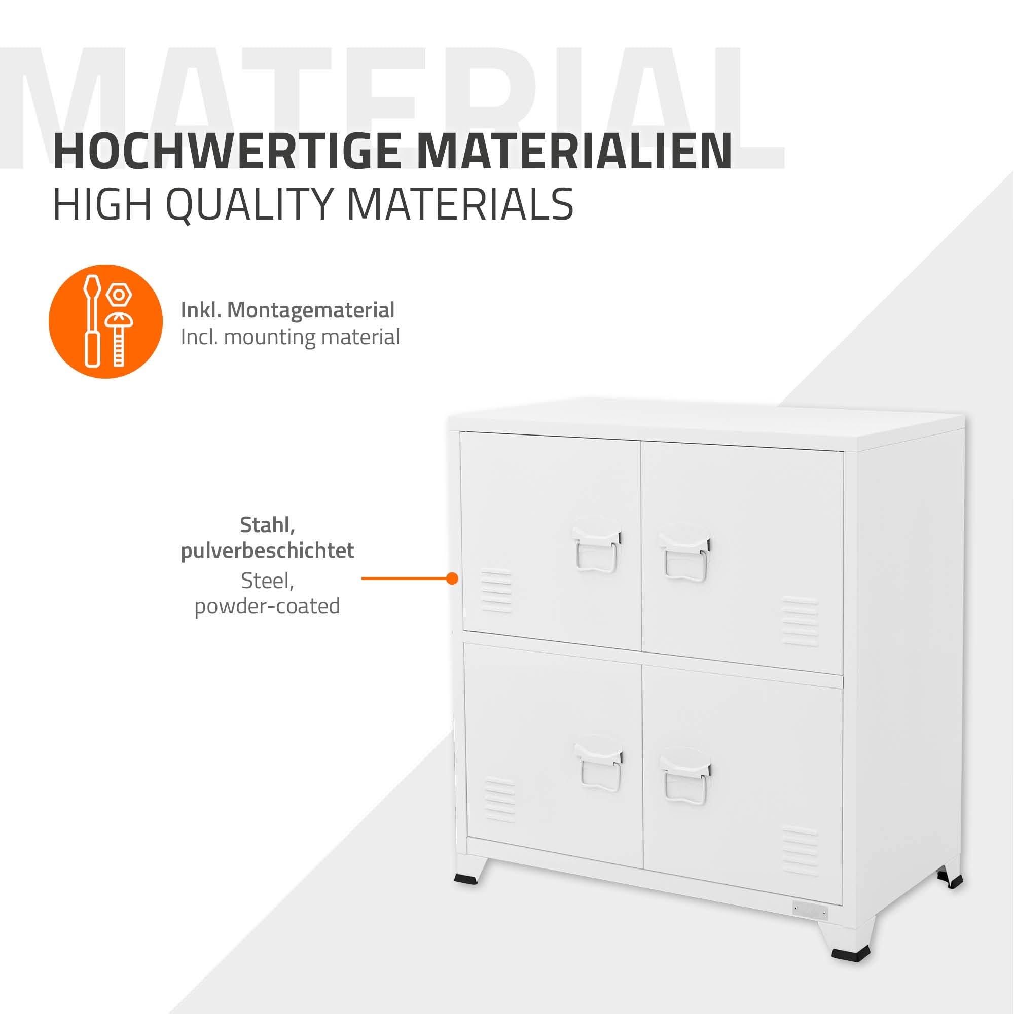 A white cabinet with four compartments and a note on high-quality materials.