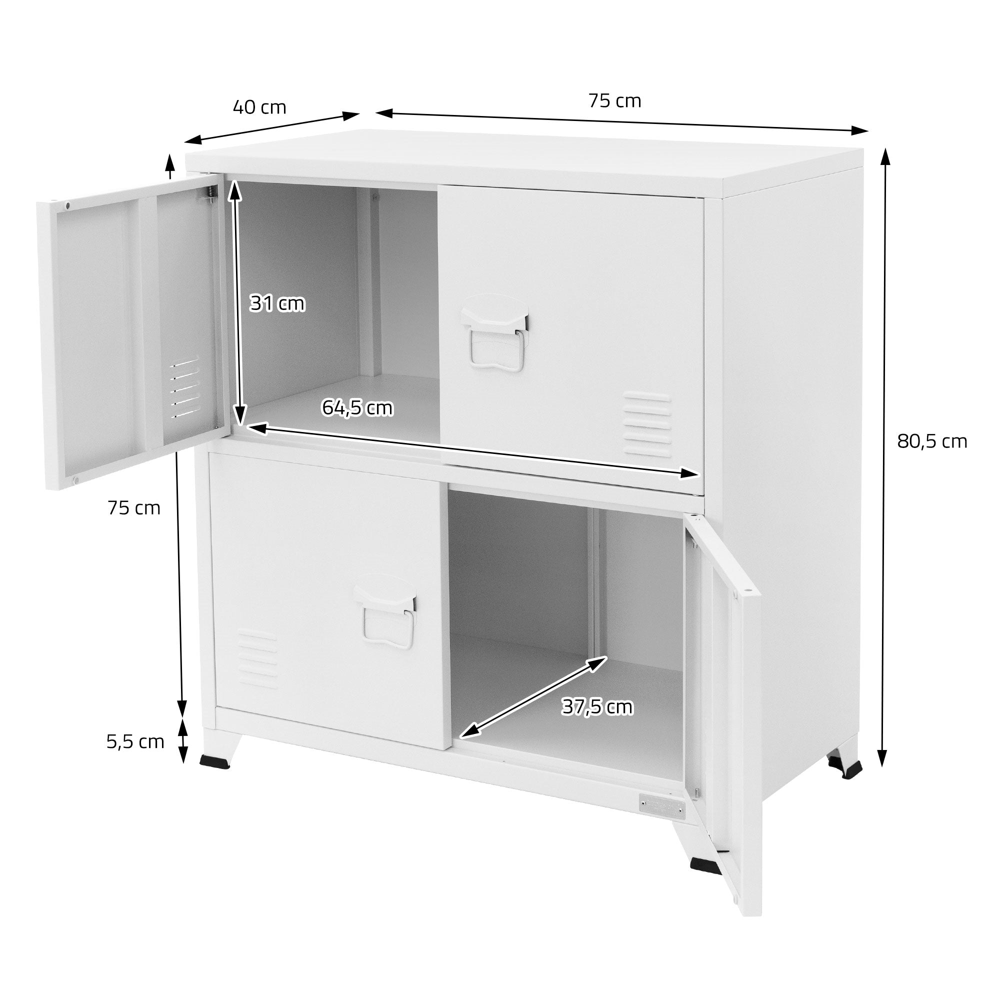 White filing cabinet with measurements and open doors, on a white background.
