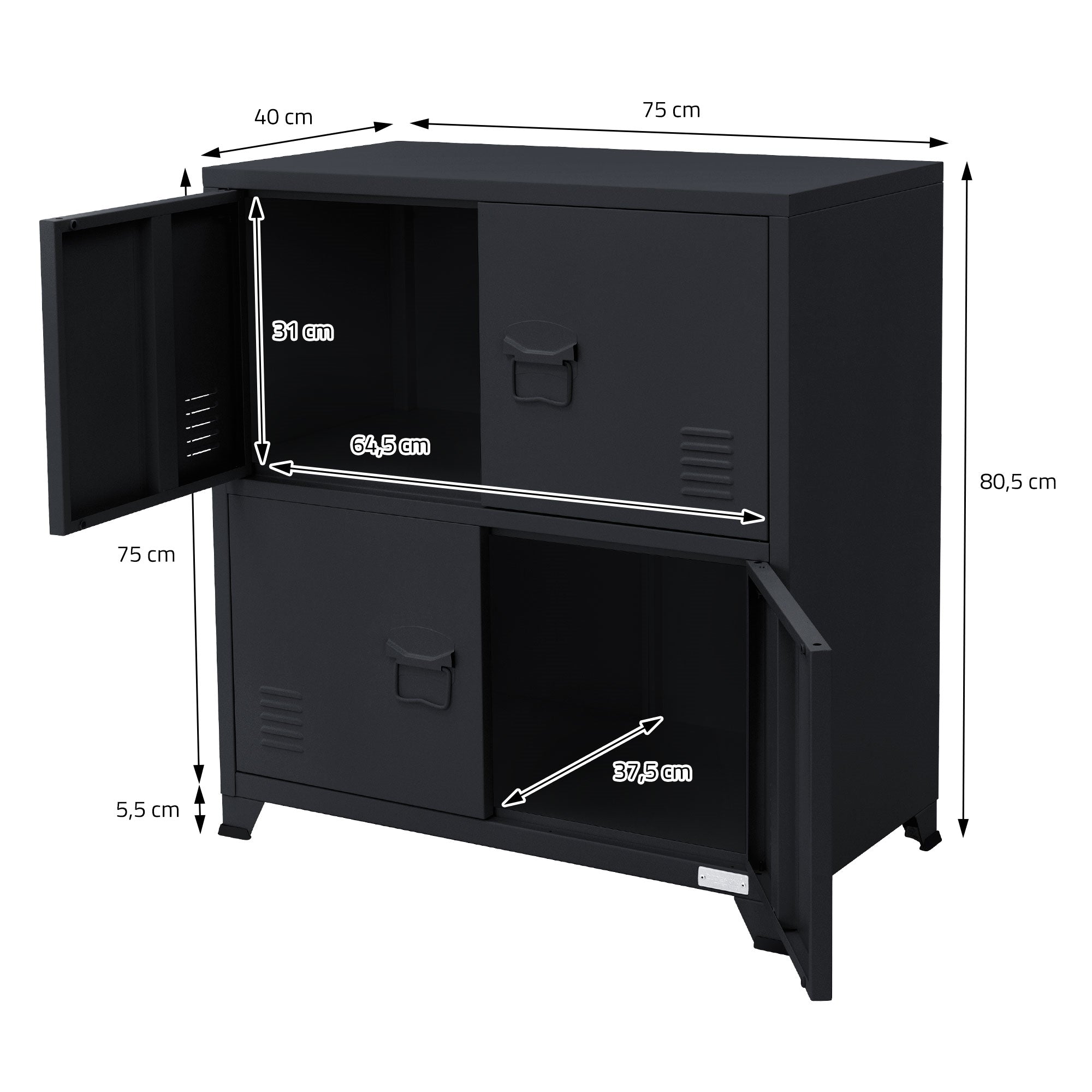Schwarzer Schrank mit Maßen und offenen Türen.