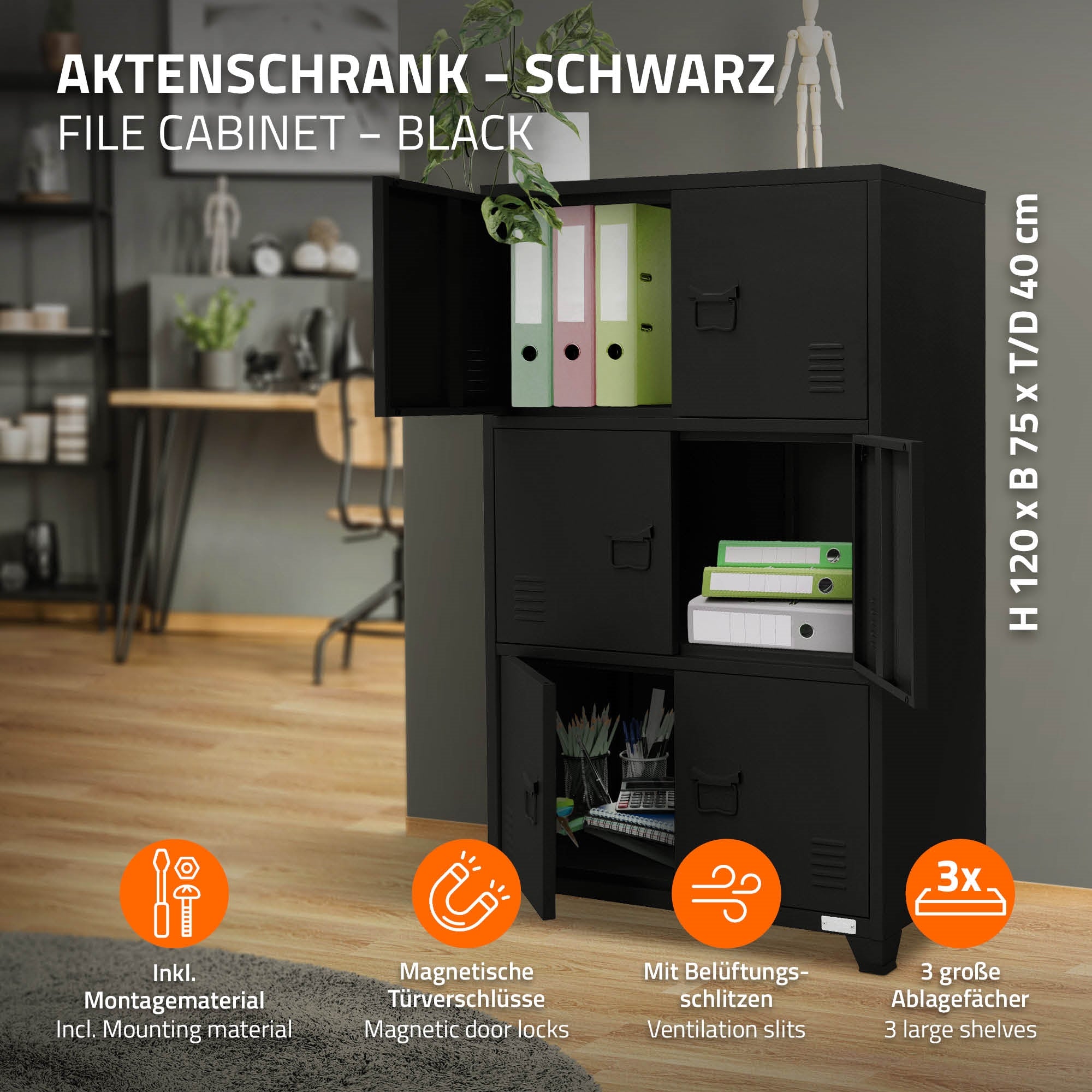 Grafiek van een zwarte archiefkast met magnetische deurvergrendelingen en ventilatiesleuven.