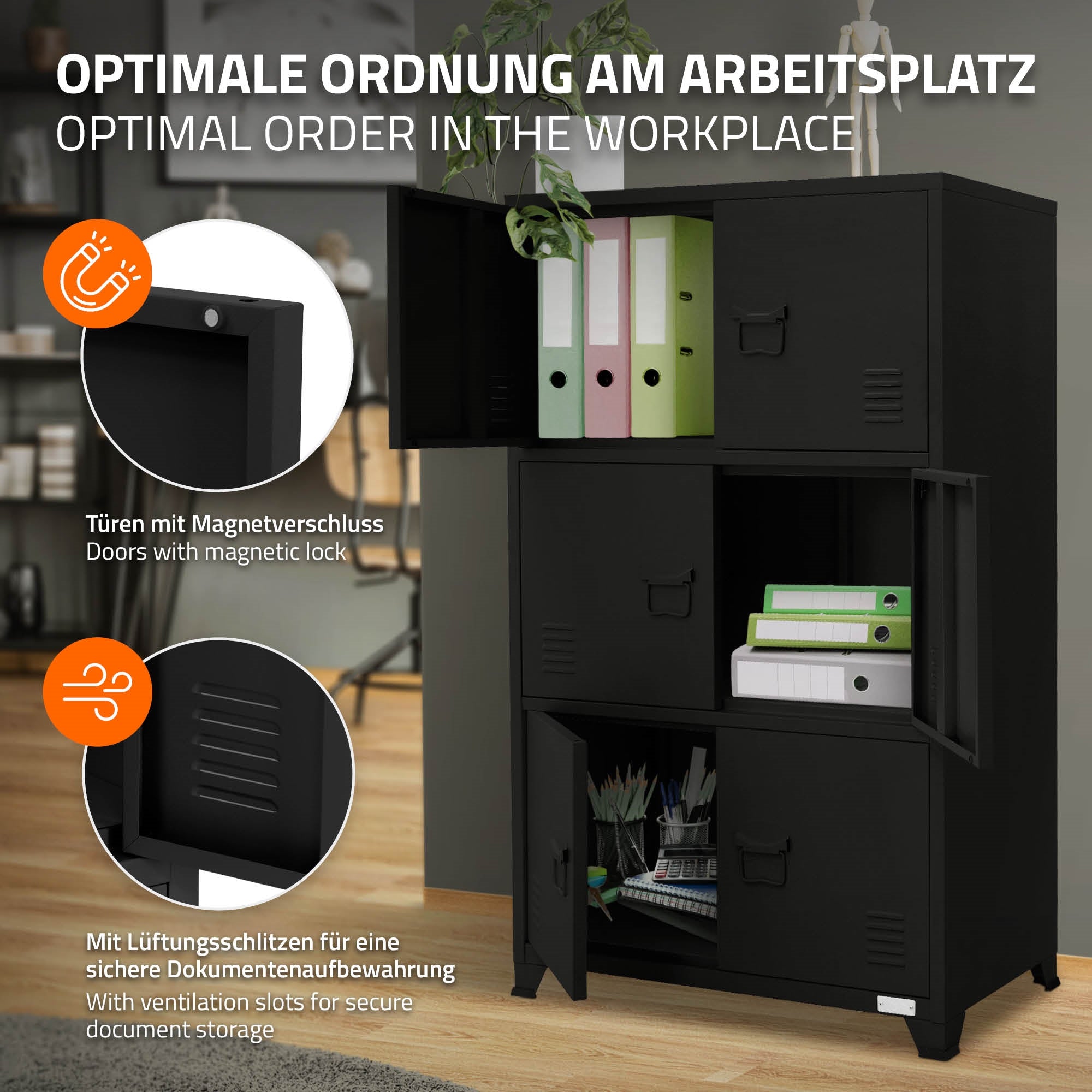 Schwarzer Aktenschrank mit Magnetverschlüssen und Dokumentenaufbewahrung.