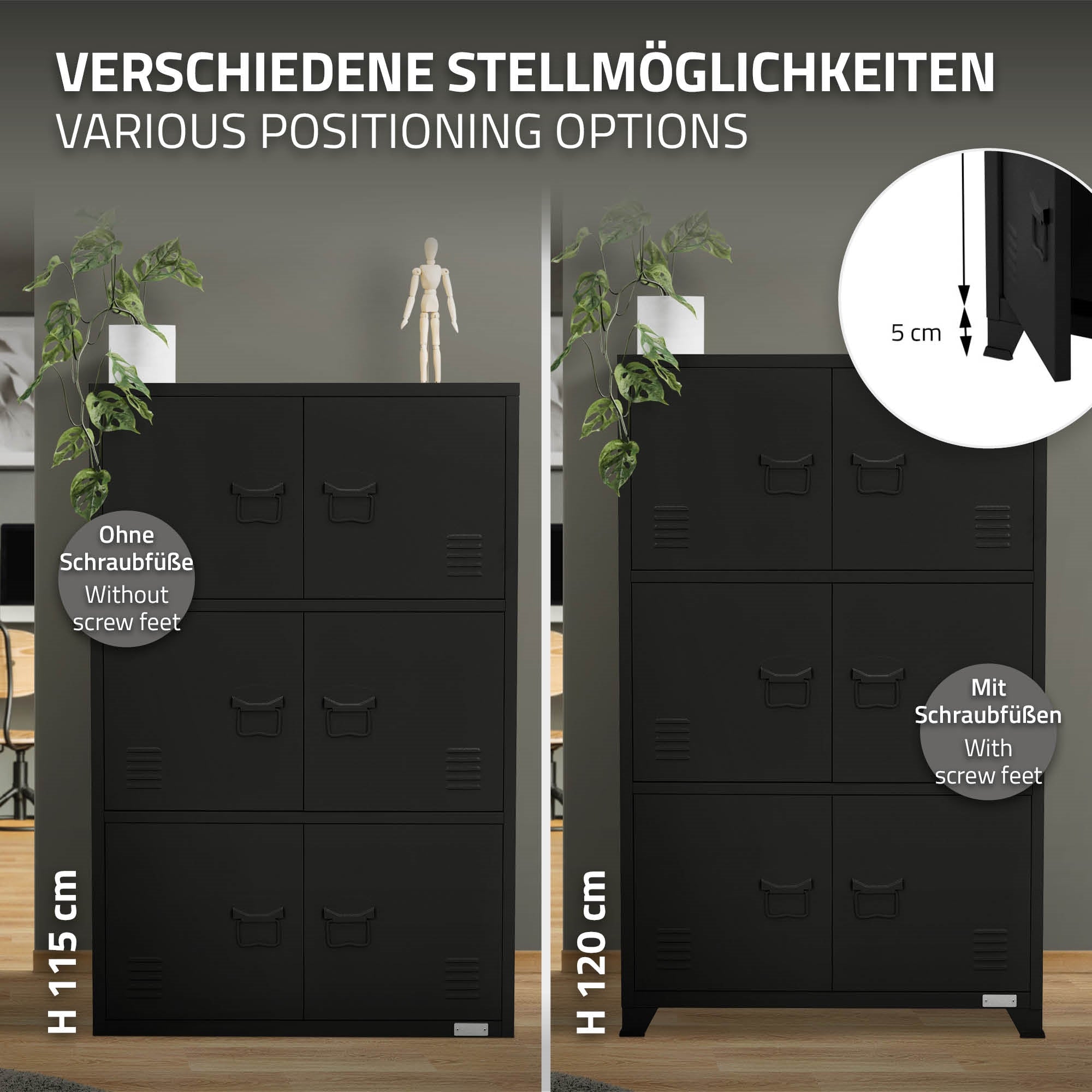 Zwei Schränke mit unterschiedlichen Höhen, einer ohne und einer mit Schraubfüßen.