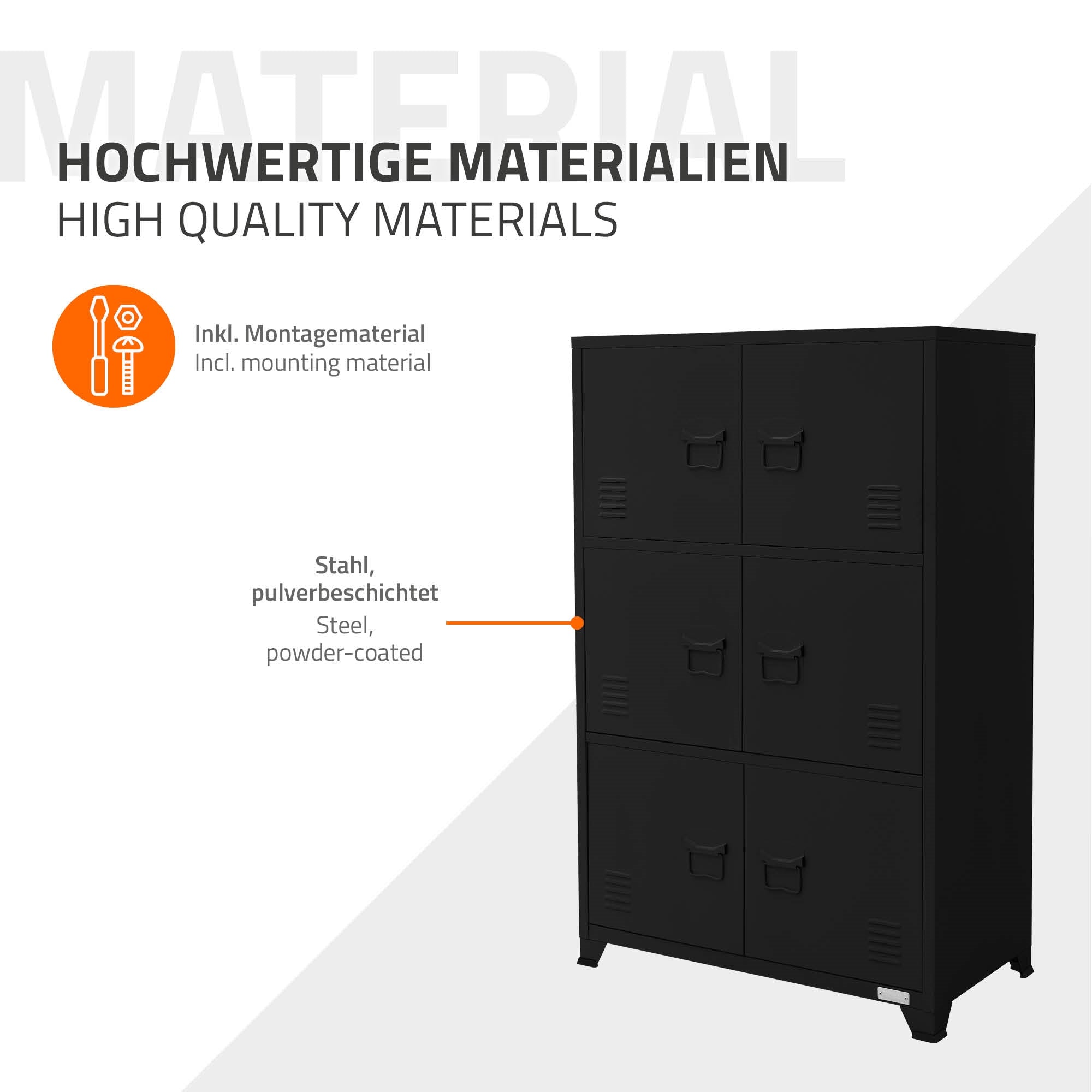 Schwarzer Aktenschrank mit Informationen zu hochwertigen Materialien.