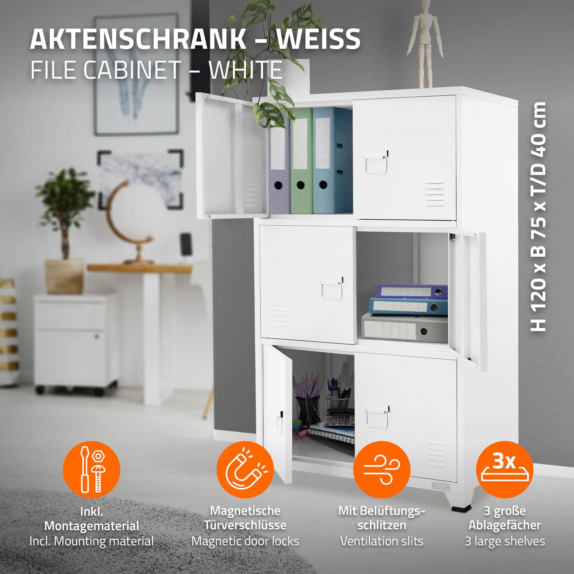 Witte archiefkast met gesloten deuren en informatie over functies.
