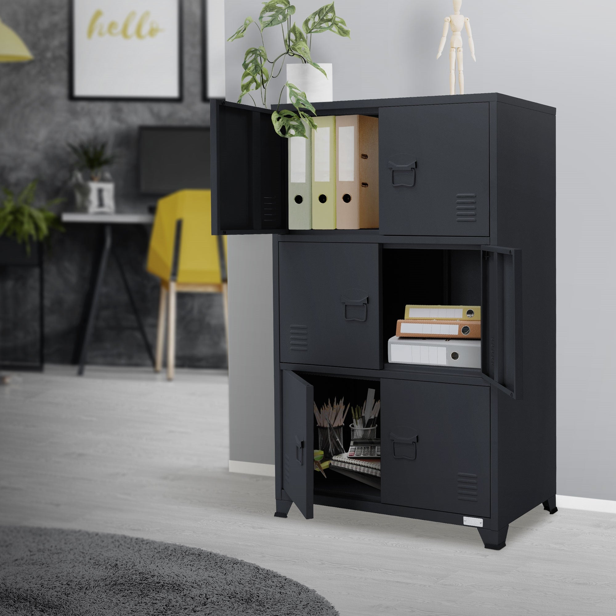 Black cabinet in a room, with plants and decoration in the background.