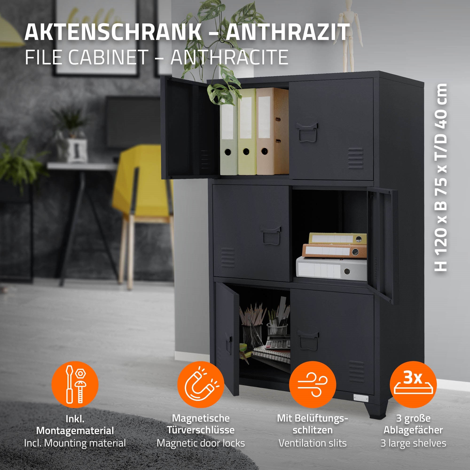 Archiefkast in antraciet met meerdere vakken en deuren.
