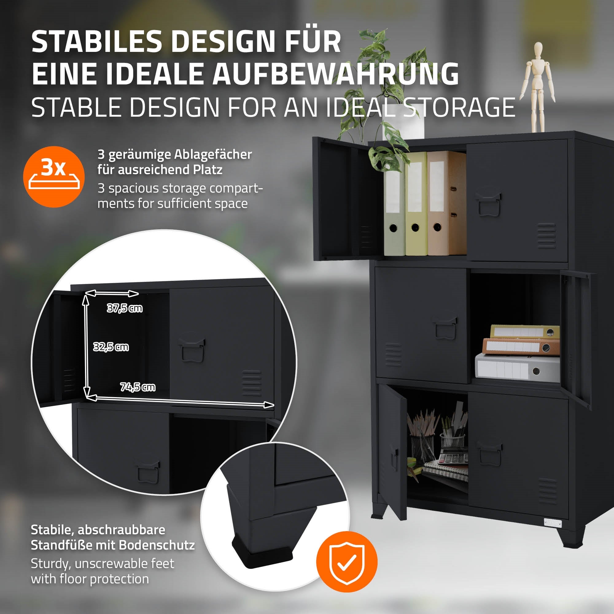Black cabinet with three compartments, open and filled with folders.