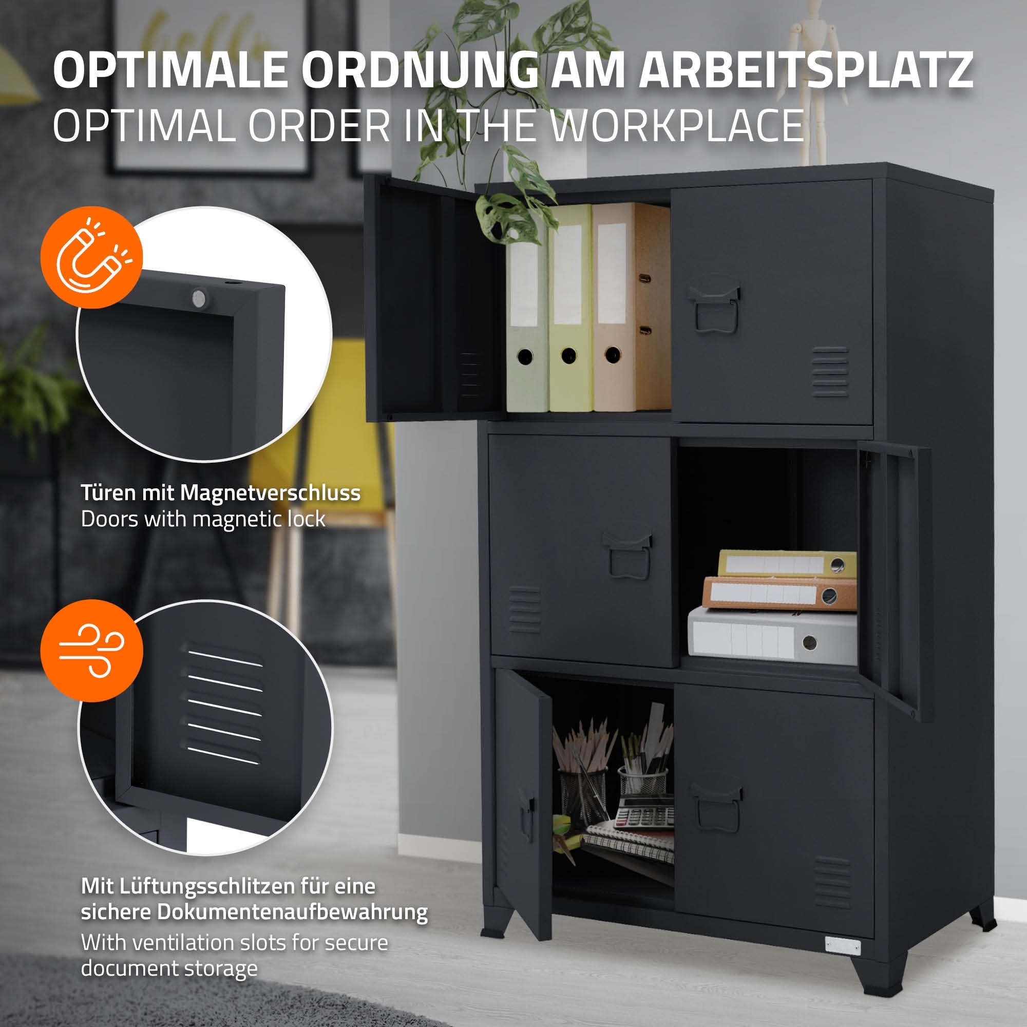 Cabinet with compartments and doors secured with a magnetic closure.