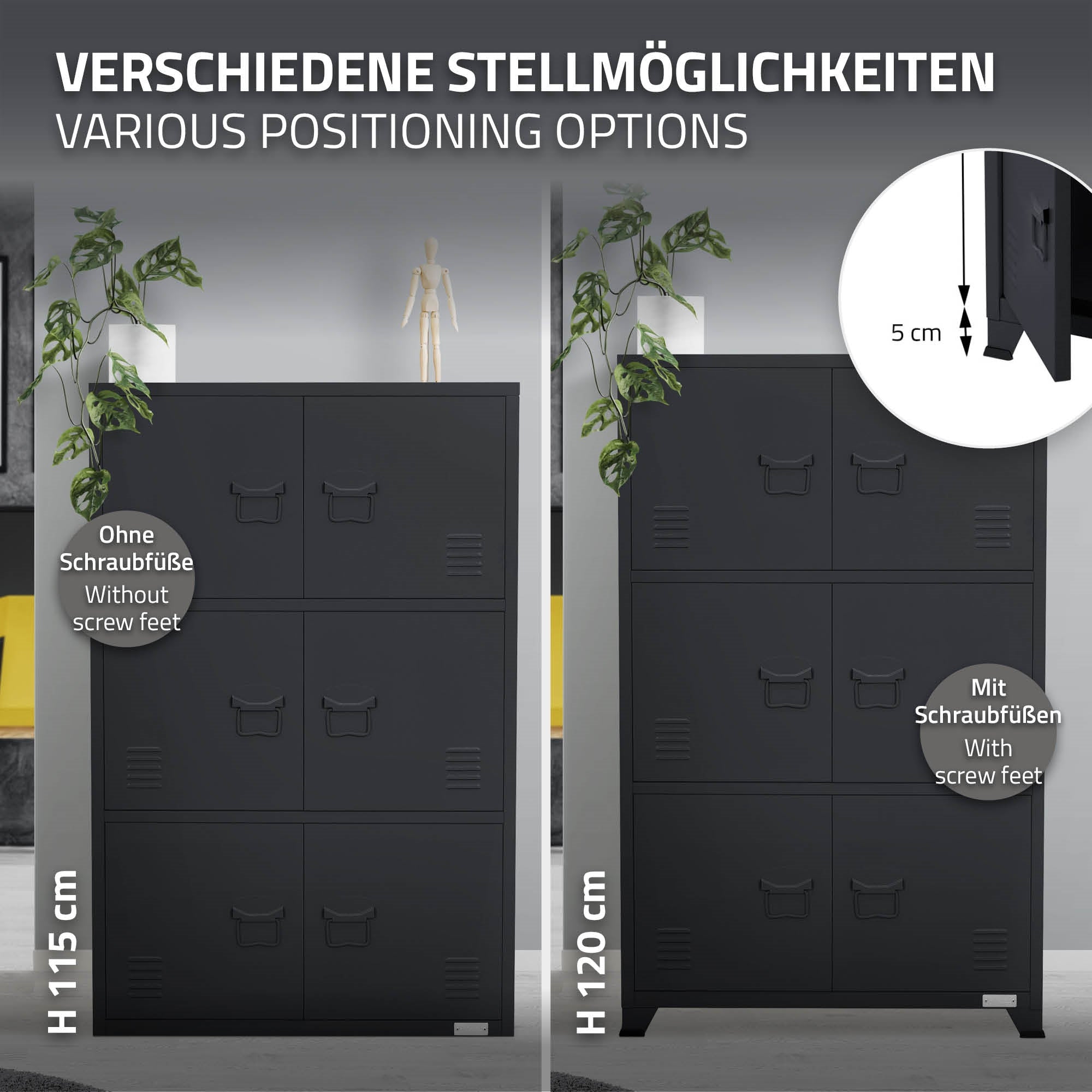 Graphic shows various placement options for furniture with and without screw feet.