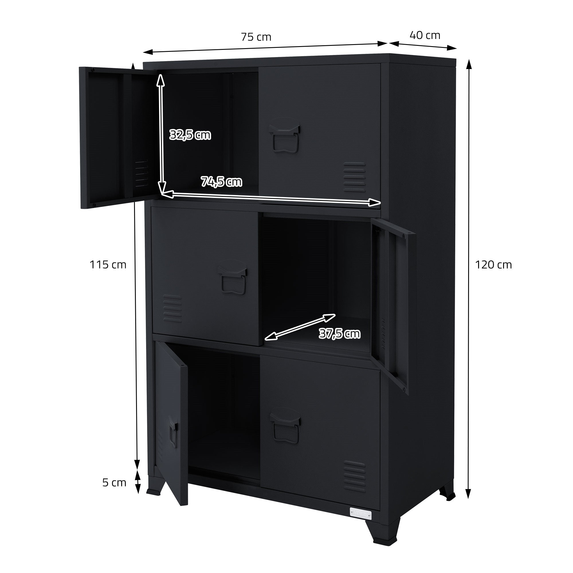 Black cabinet with dimensions and open doors.