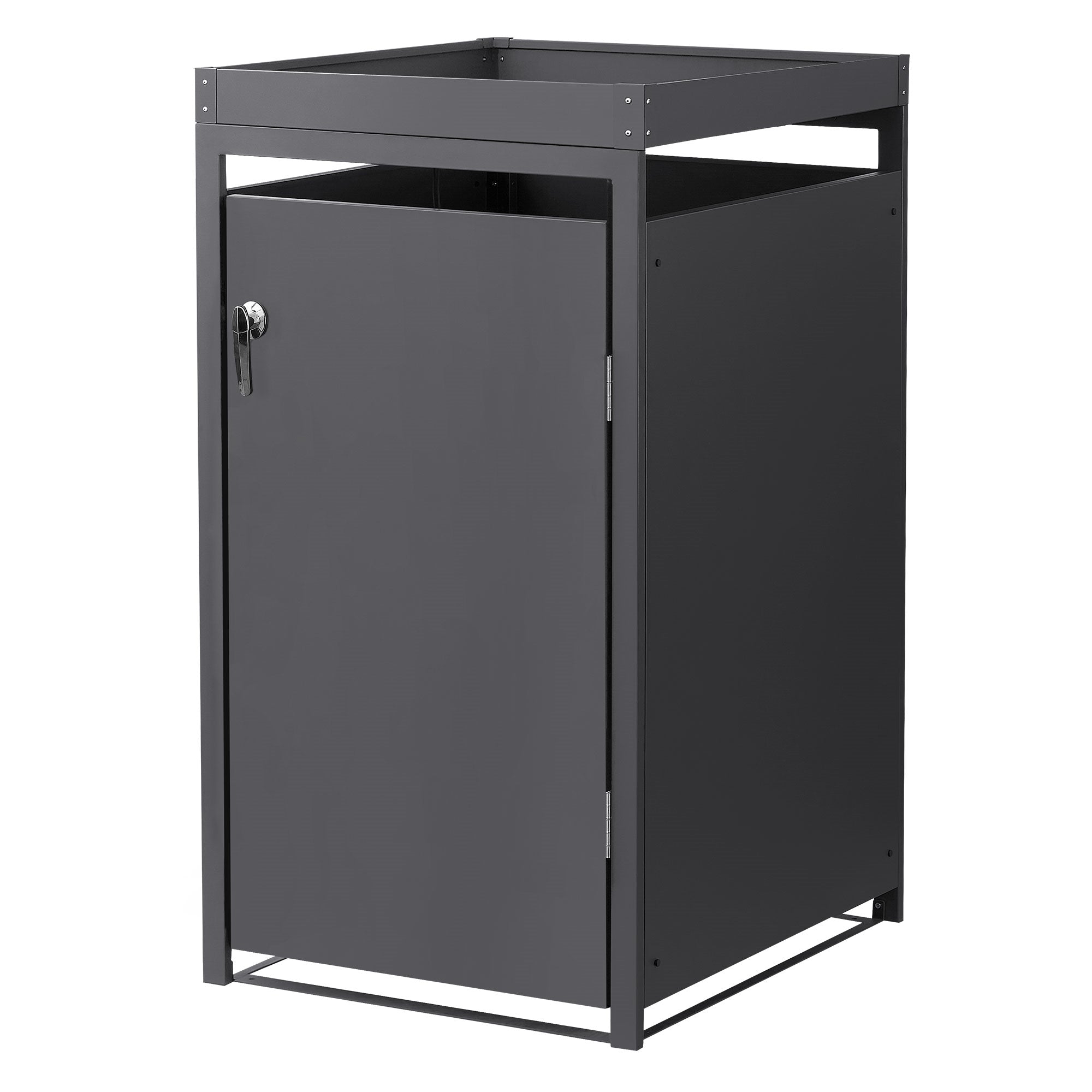 Un armadio grigio con una porta e una parte superiore aperta.