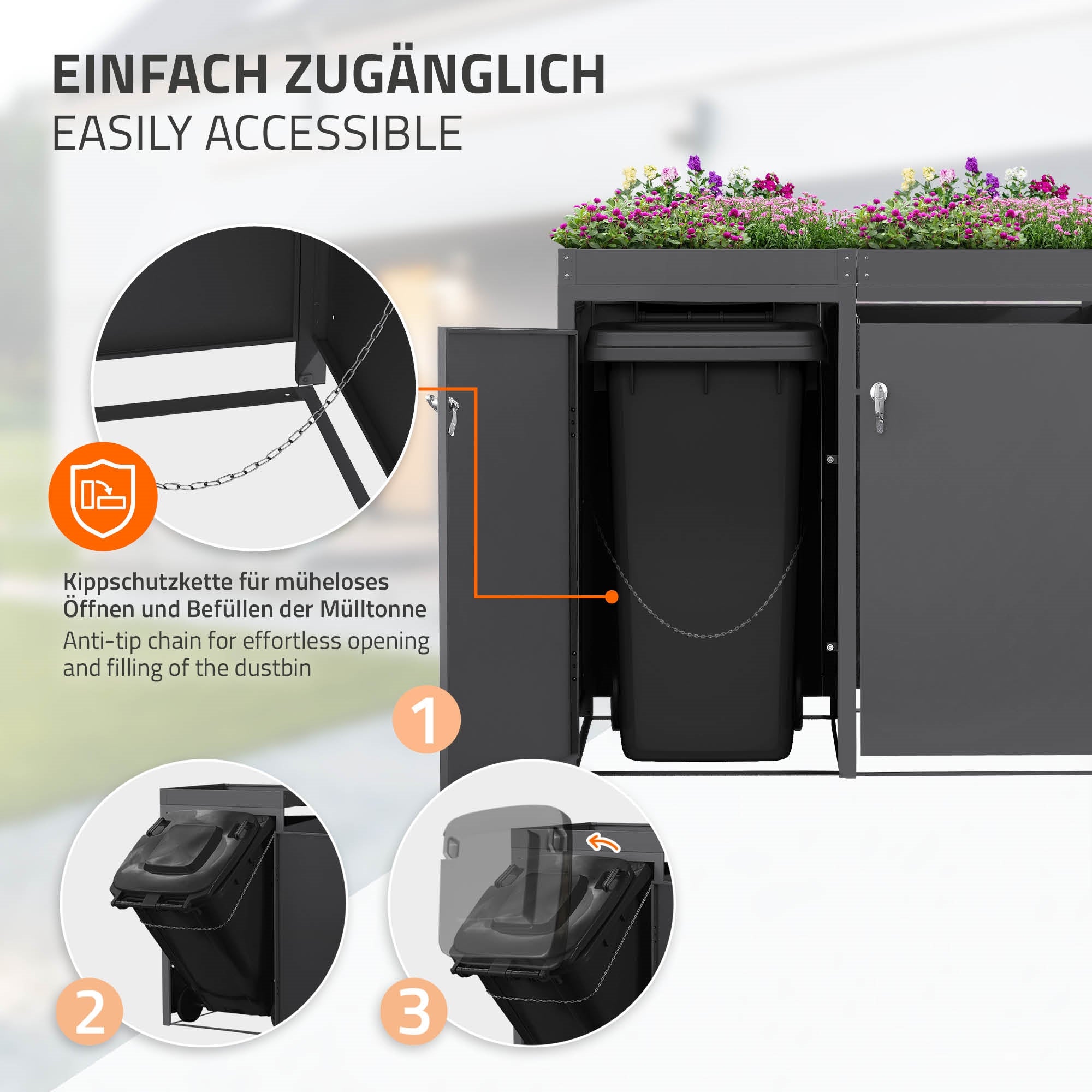 Trash can box with tipping protection chain for effortless opening.