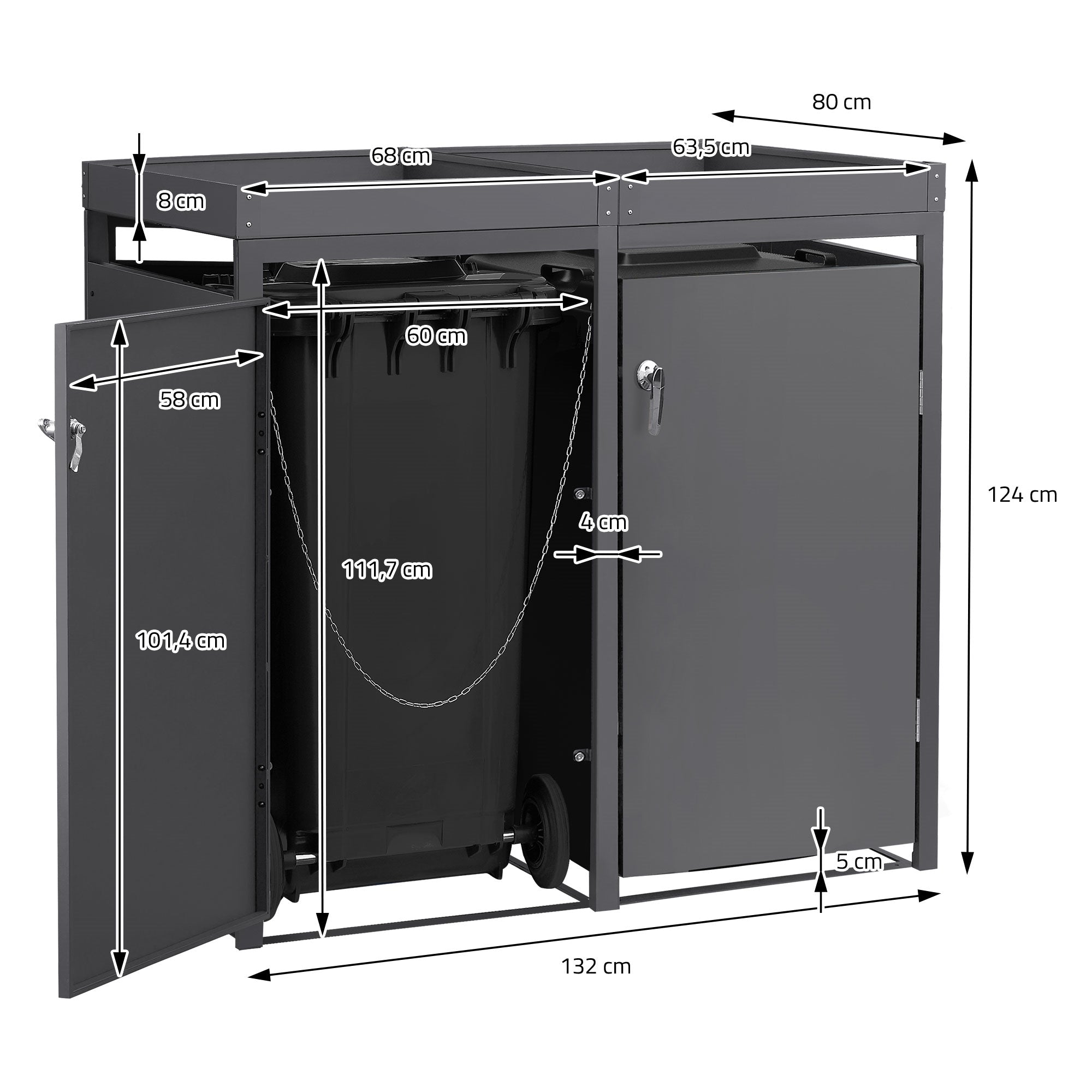 Waste bin box with dimensions: 132 cm x 80 cm x 124 cm, with two doors