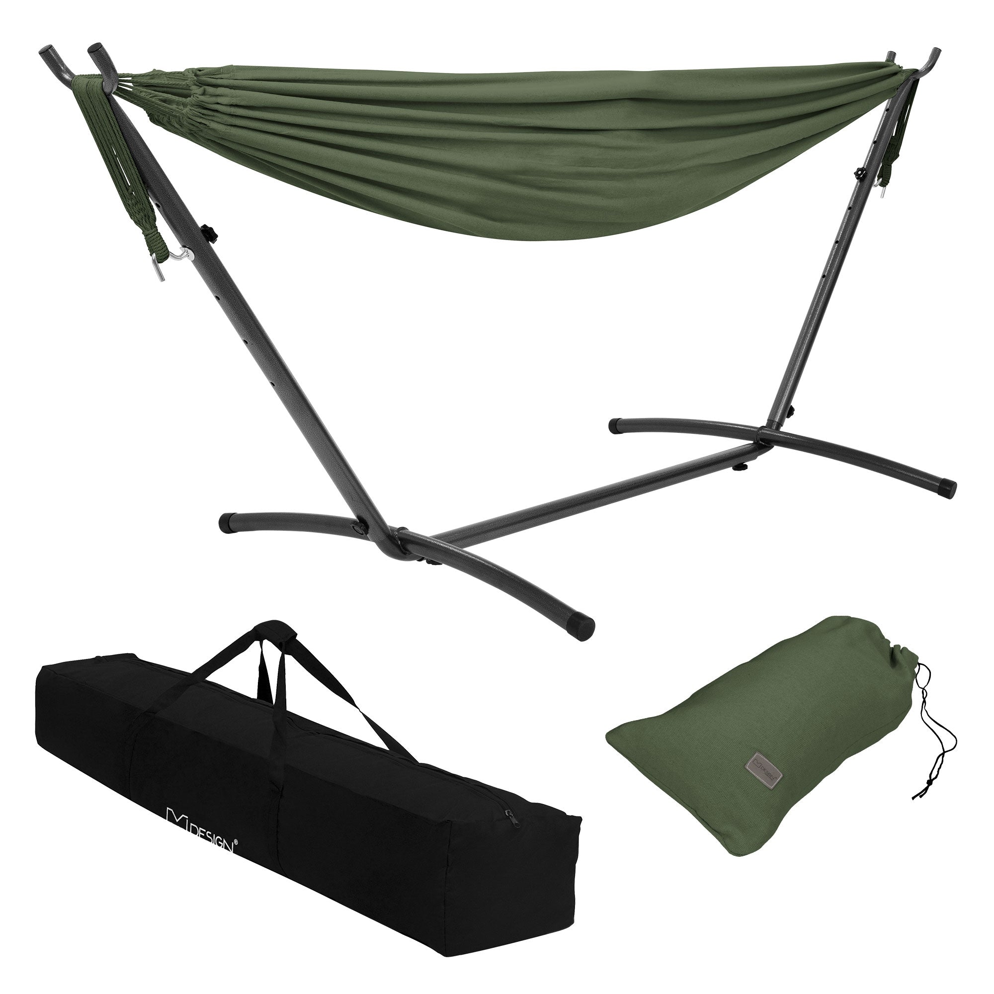 Amaca con supporto e borsa in verde.