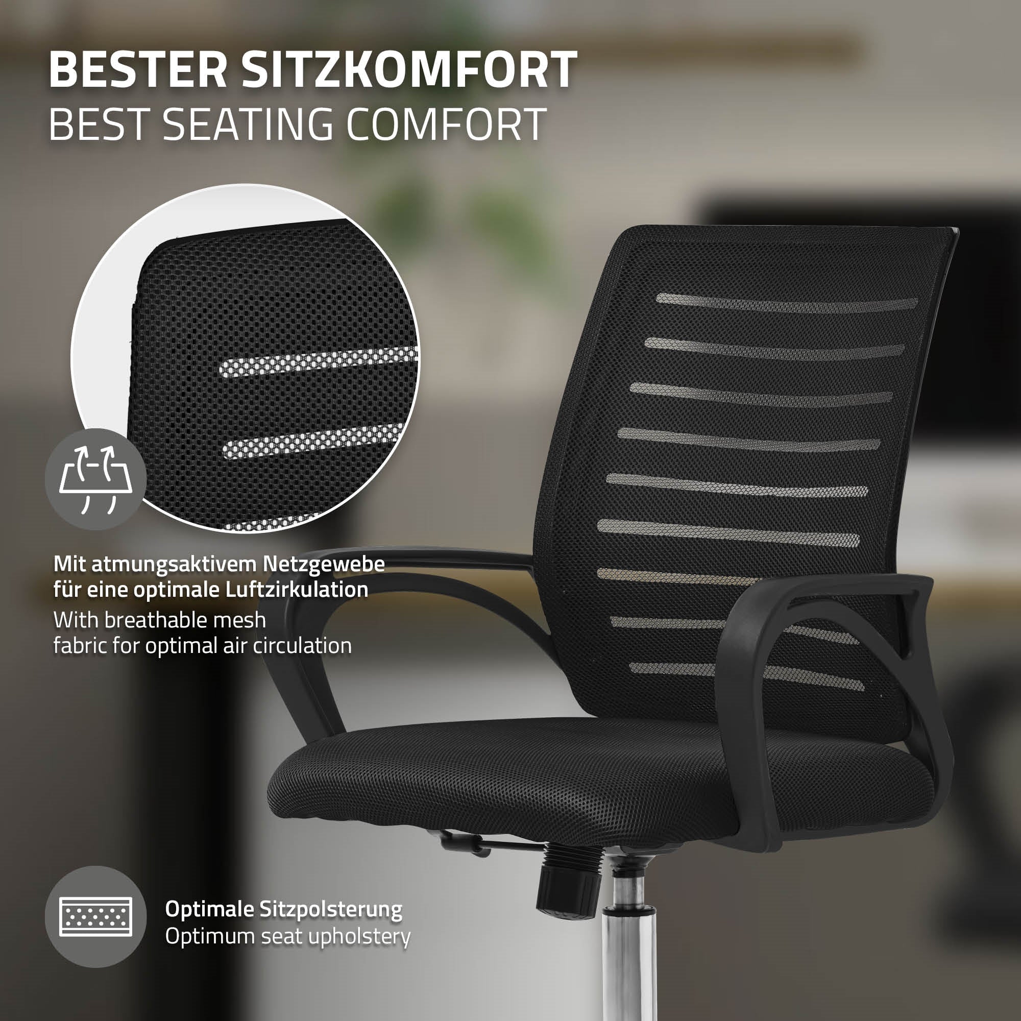 Bureaustoel met ademend netweefsel en ergonomisch ontwerp.