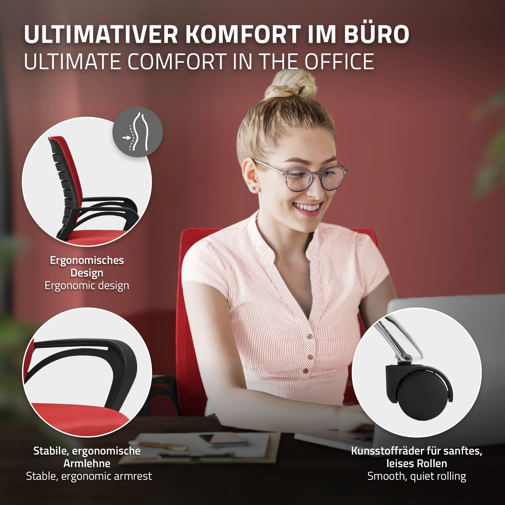 Mujer con gafas sonriendo en un escritorio, silla de oficina ergonómica en primer plano.