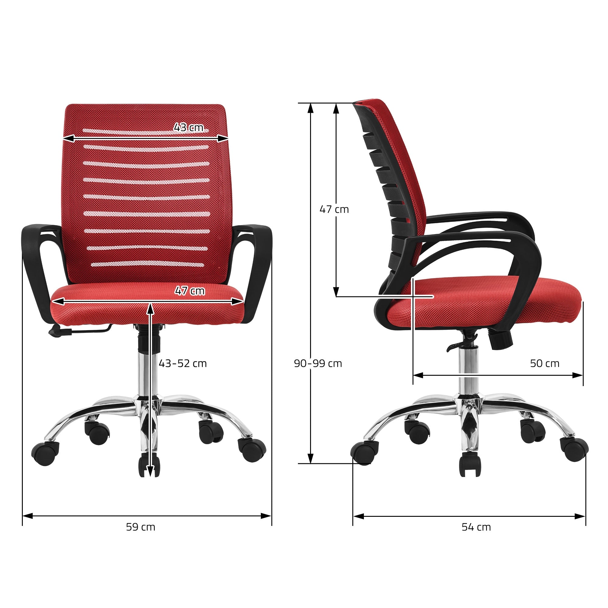 Silla de oficina roja con medidas y elementos ajustables, sobre un fondo blanco.
