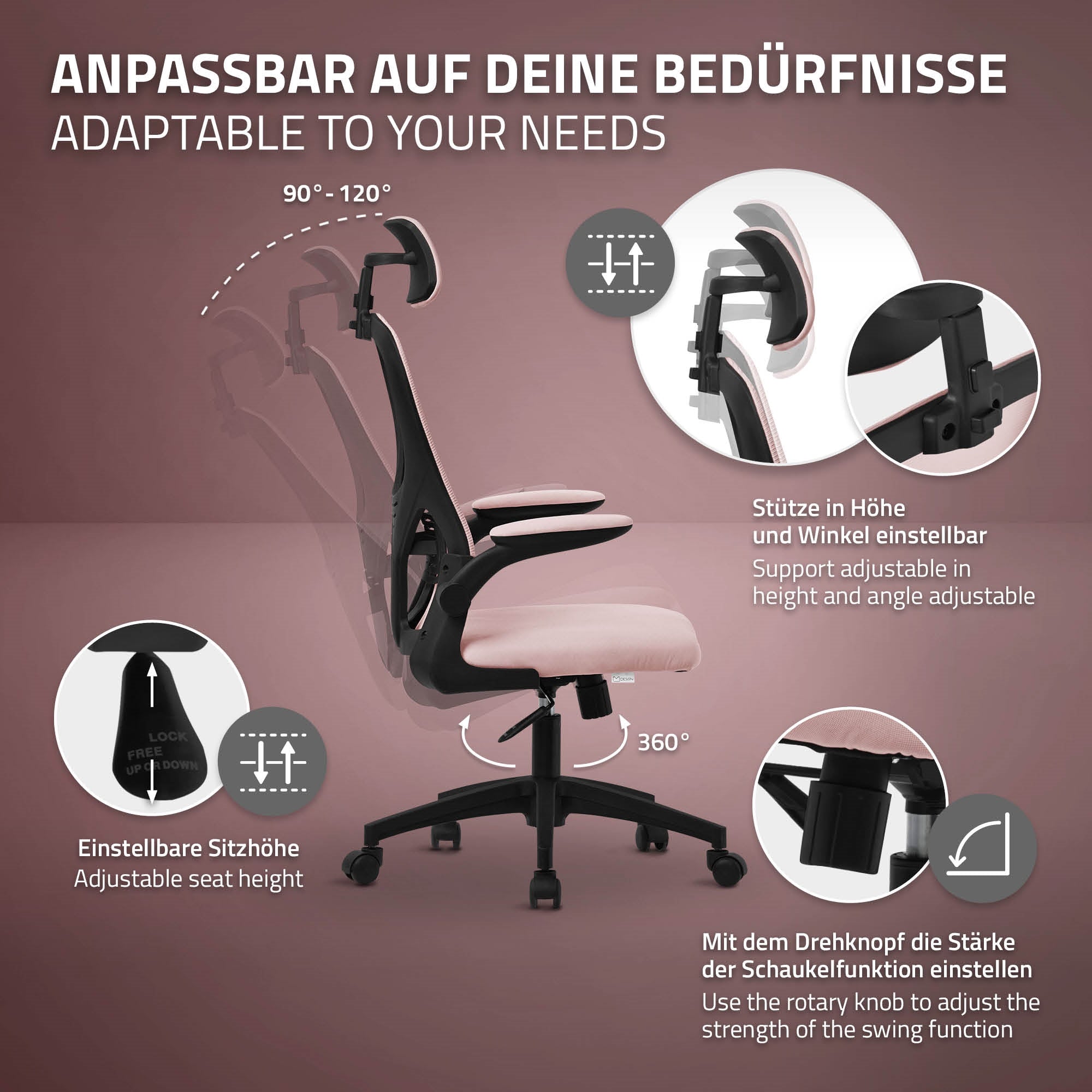 Ergonomikus irodai szék állítható háttámlával és ülésmagassággal.