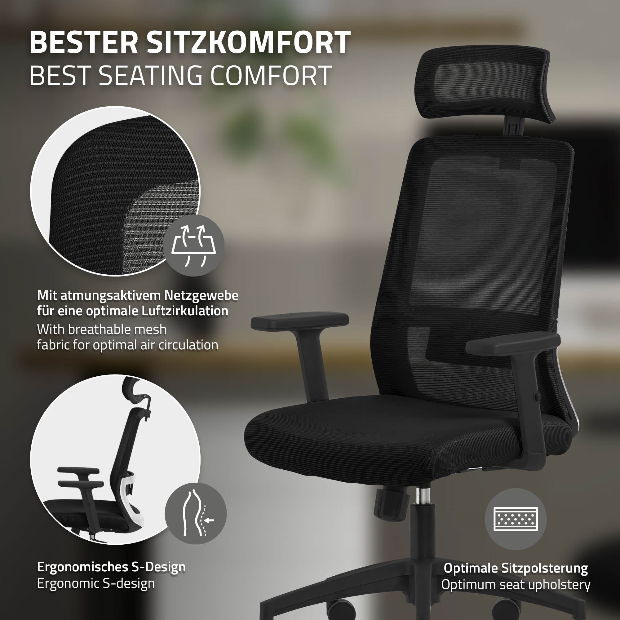 Schwarzer Bürostuhl mit Netzbezug und verstellbarem Kopfteil.