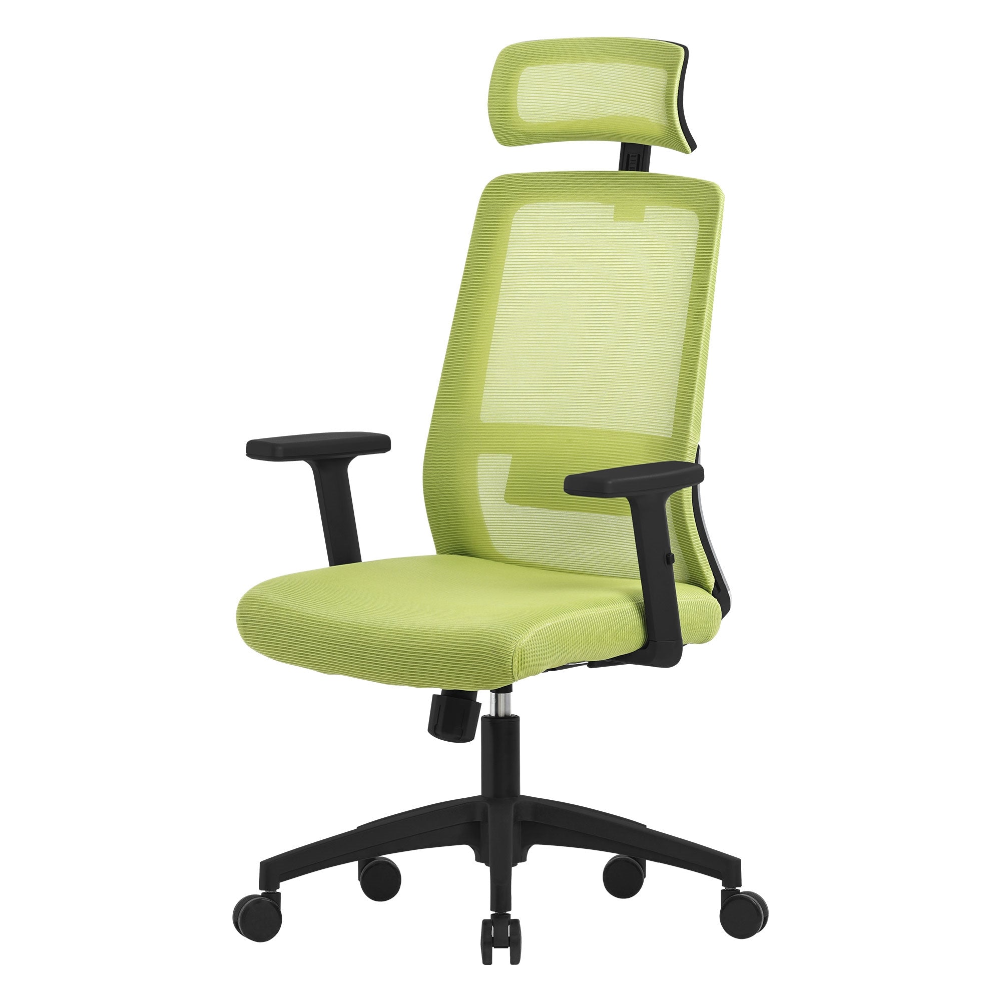 Ein ergonomischer Bürostuhl in grün mit verstellbarem Kopfteil und Armlehnen.