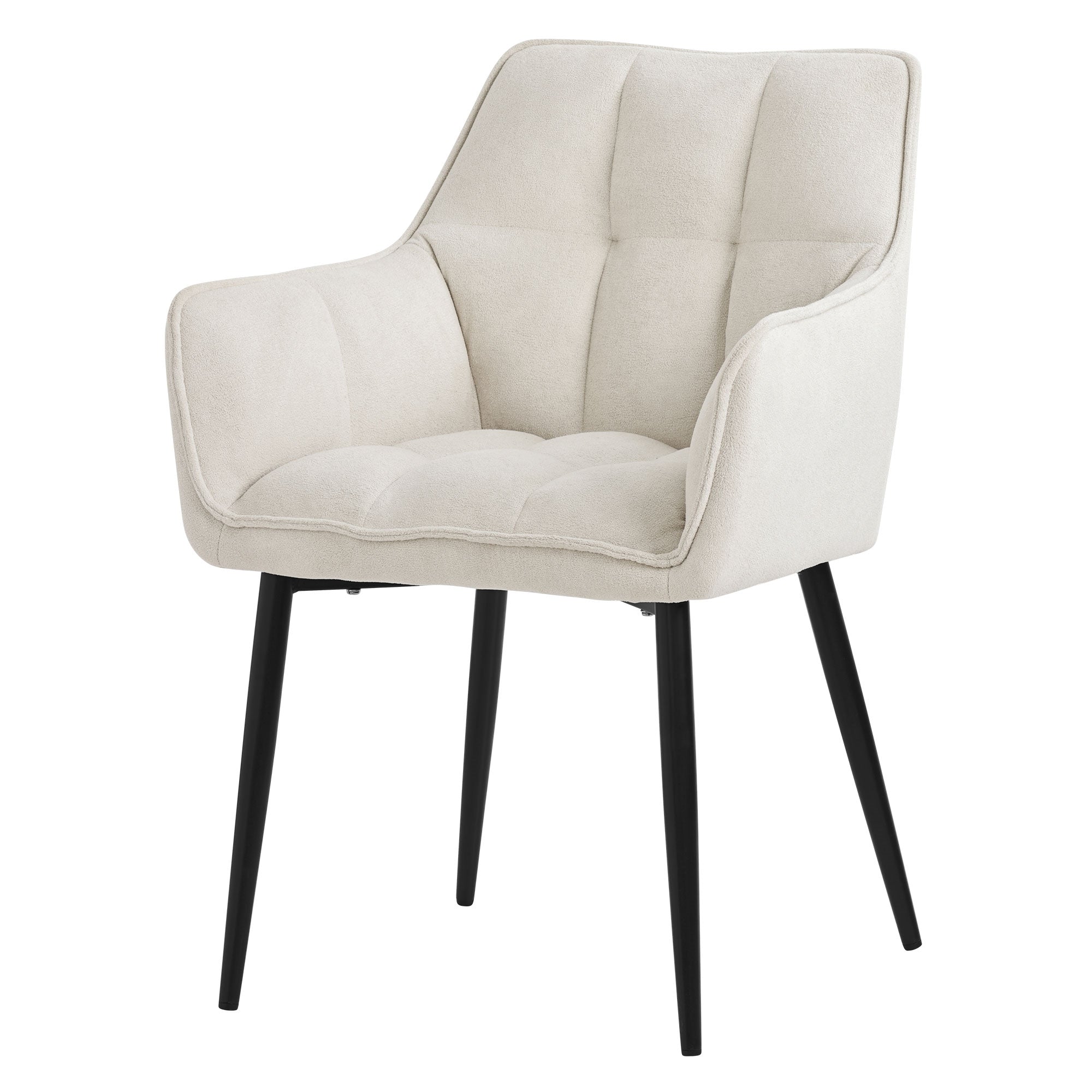 Una silla individual beige con patas negras.