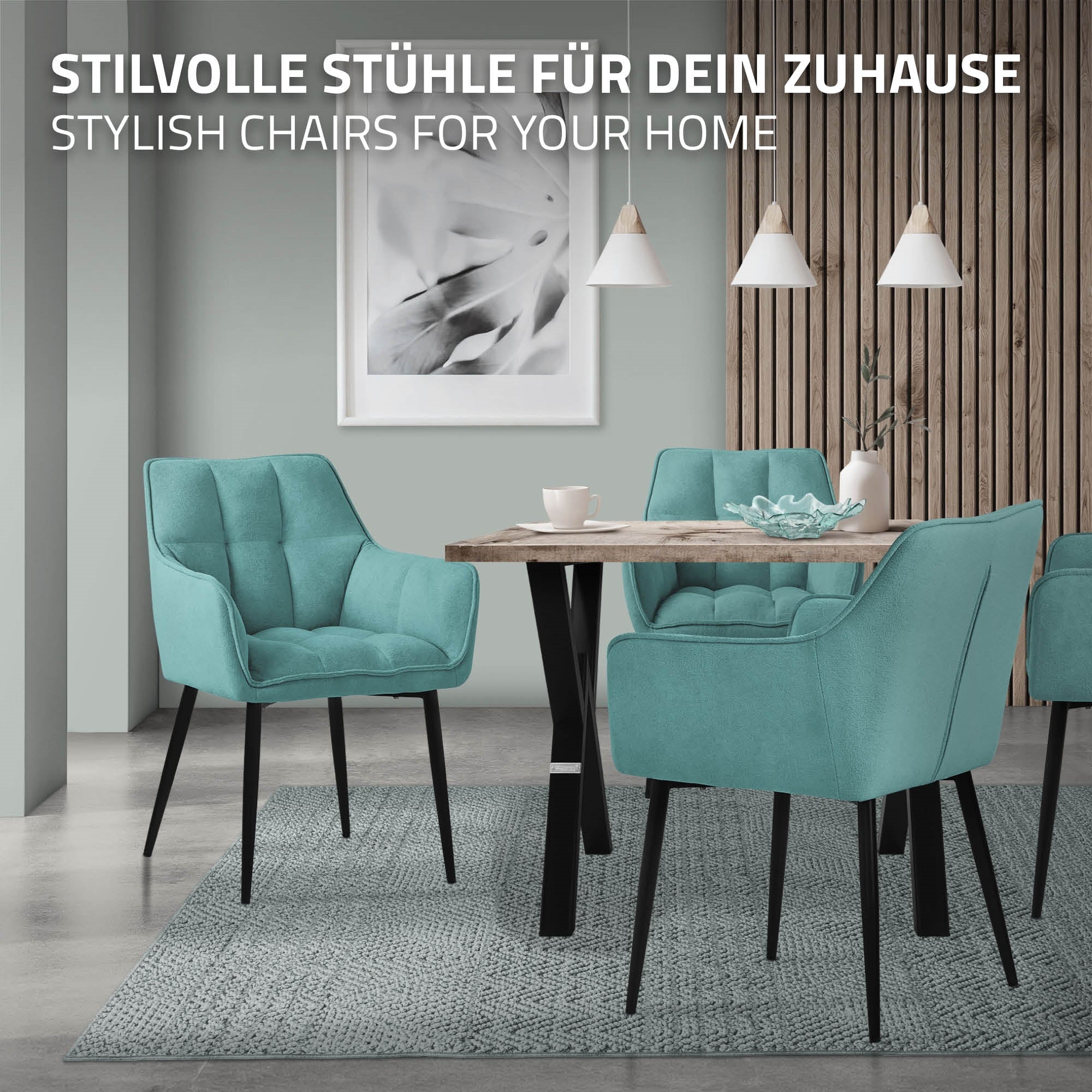 Stilvolle türkisfarbene Stühle um einen Tisch in einem modernen Raum.
